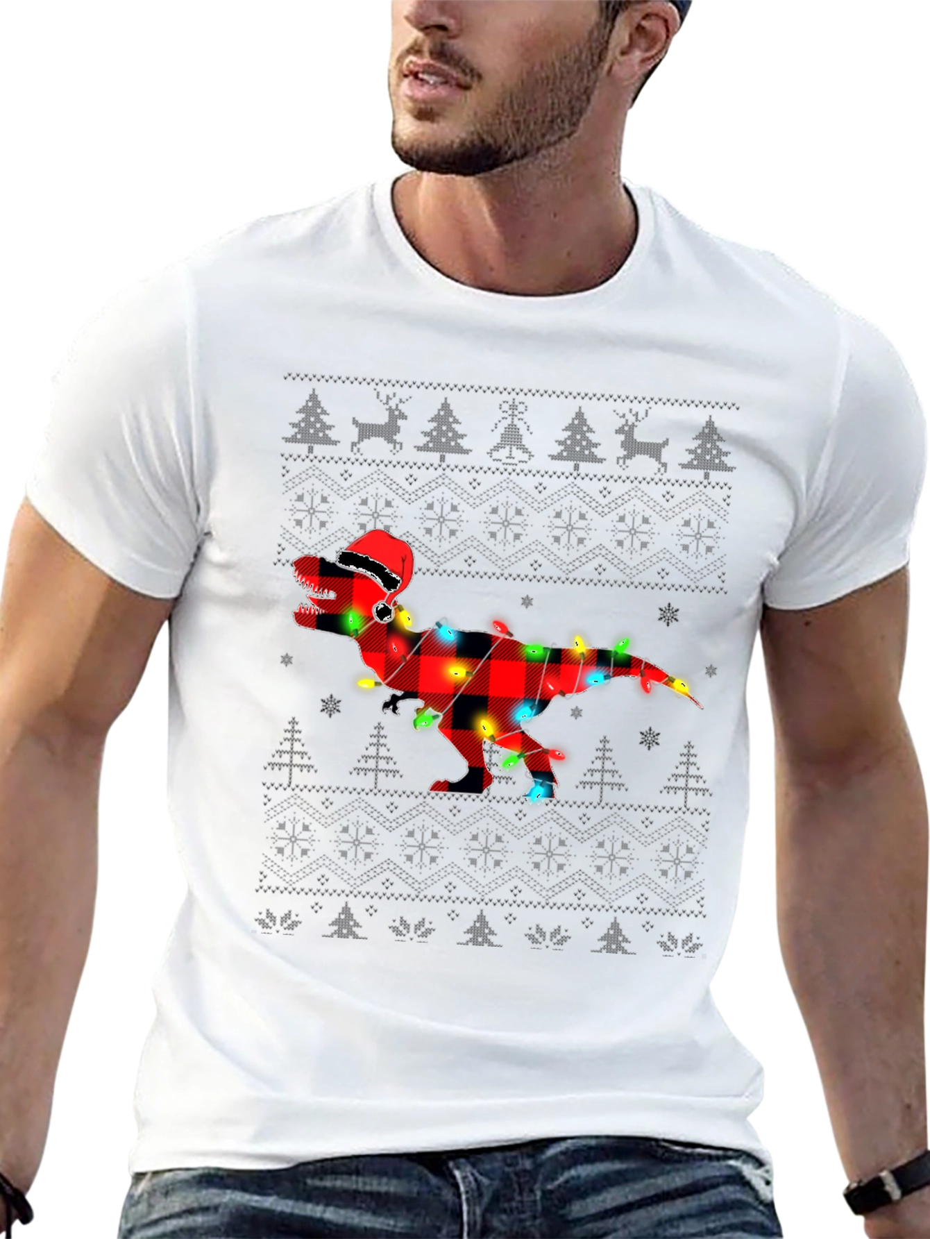 Plaid Dinosaur Christmas T-Shirt
