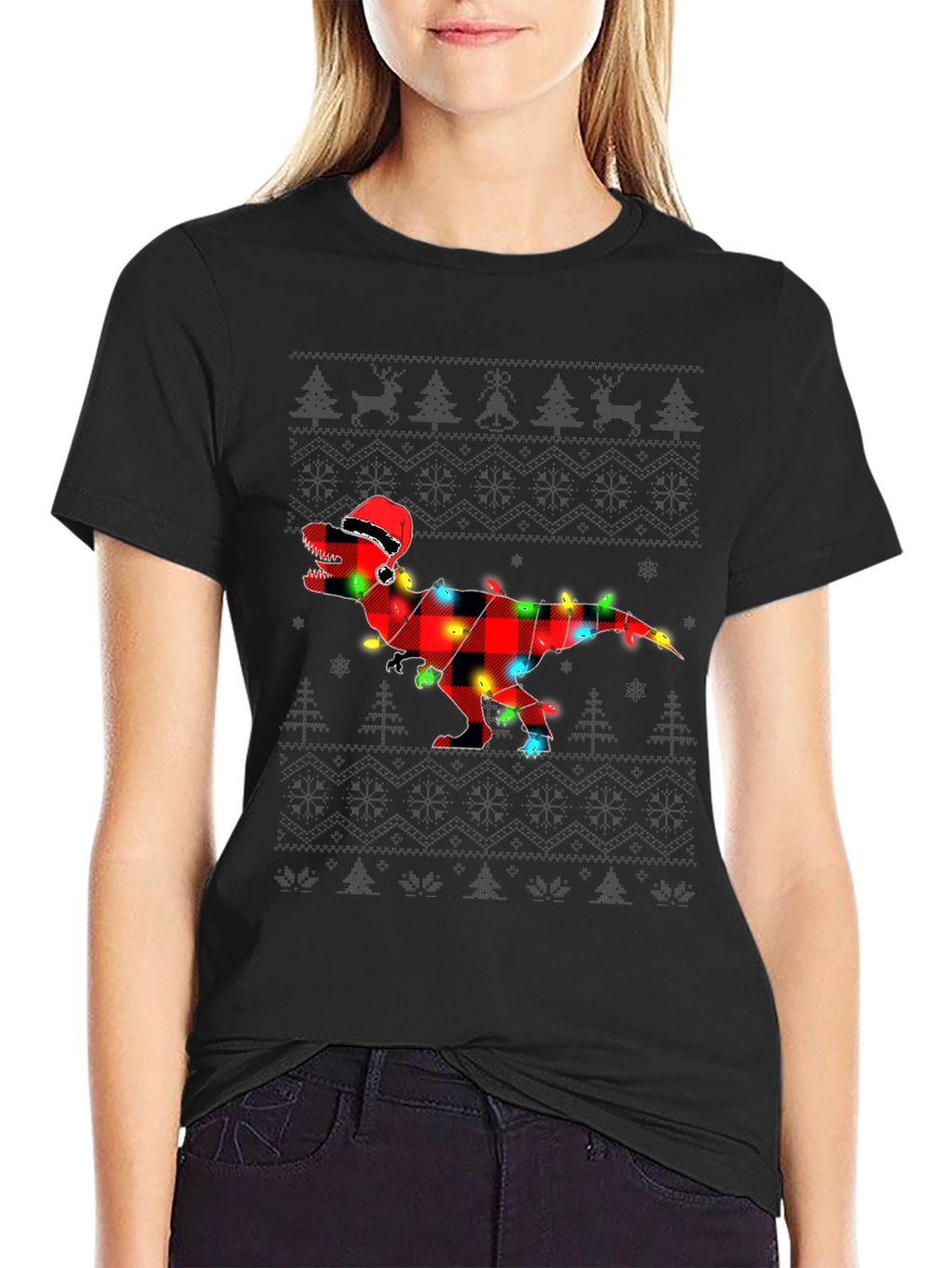 Plaid Dinosaur Christmas T-Shirt
