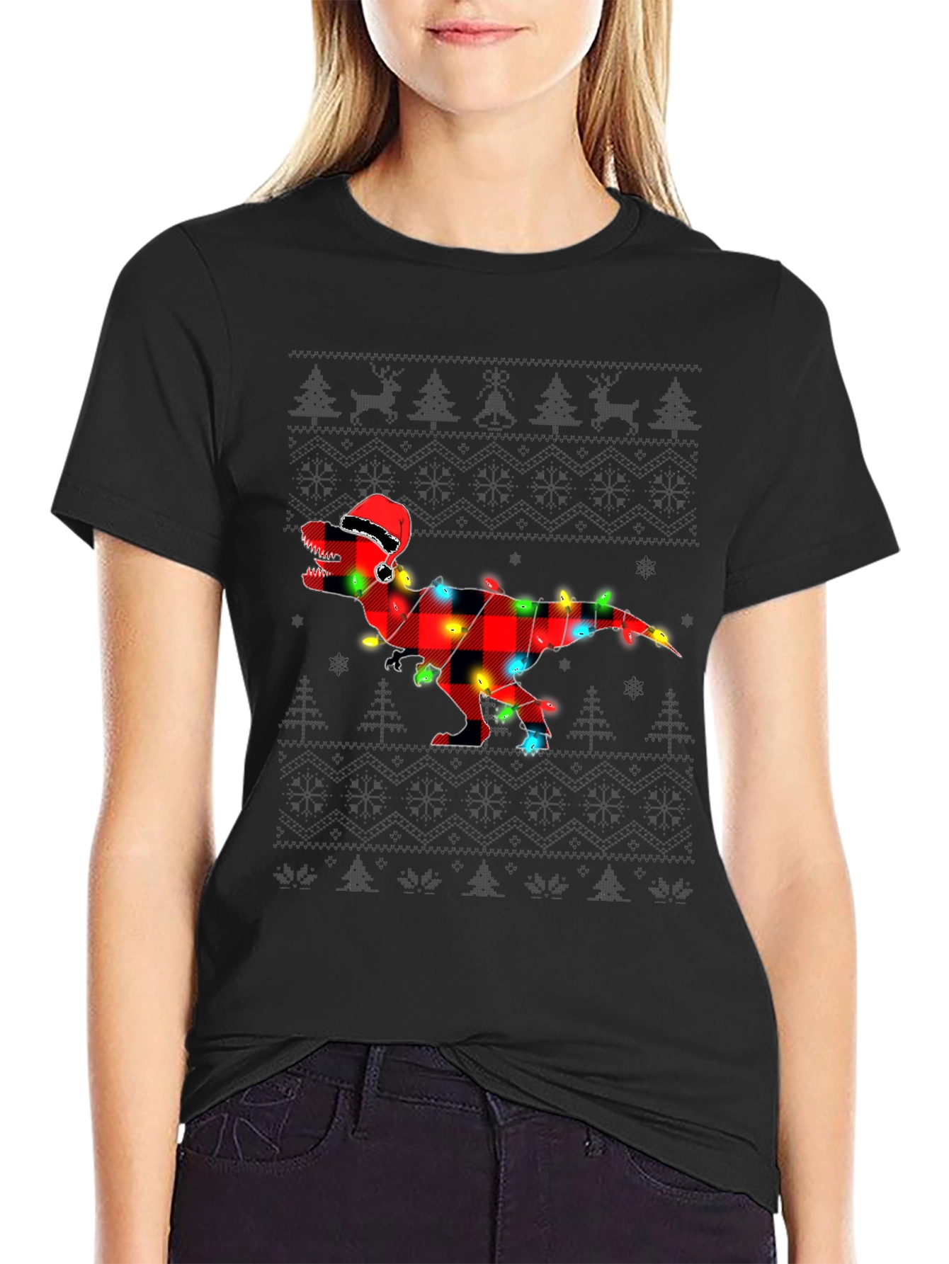 Plaid Dinosaur Christmas T-Shirt
