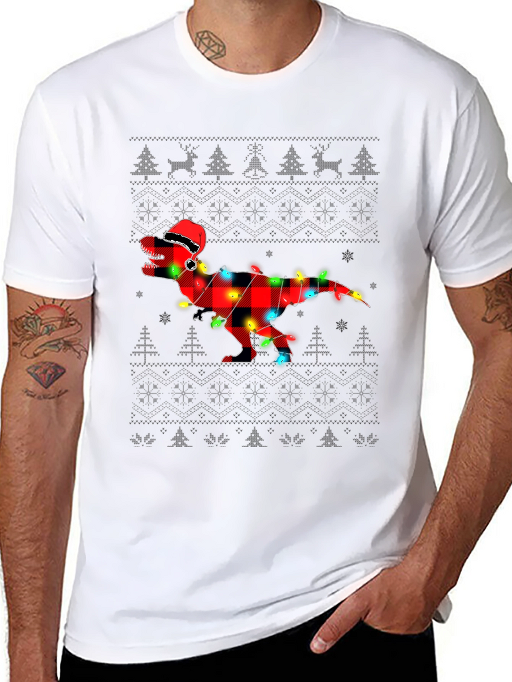 Plaid Dinosaur Christmas T-Shirt