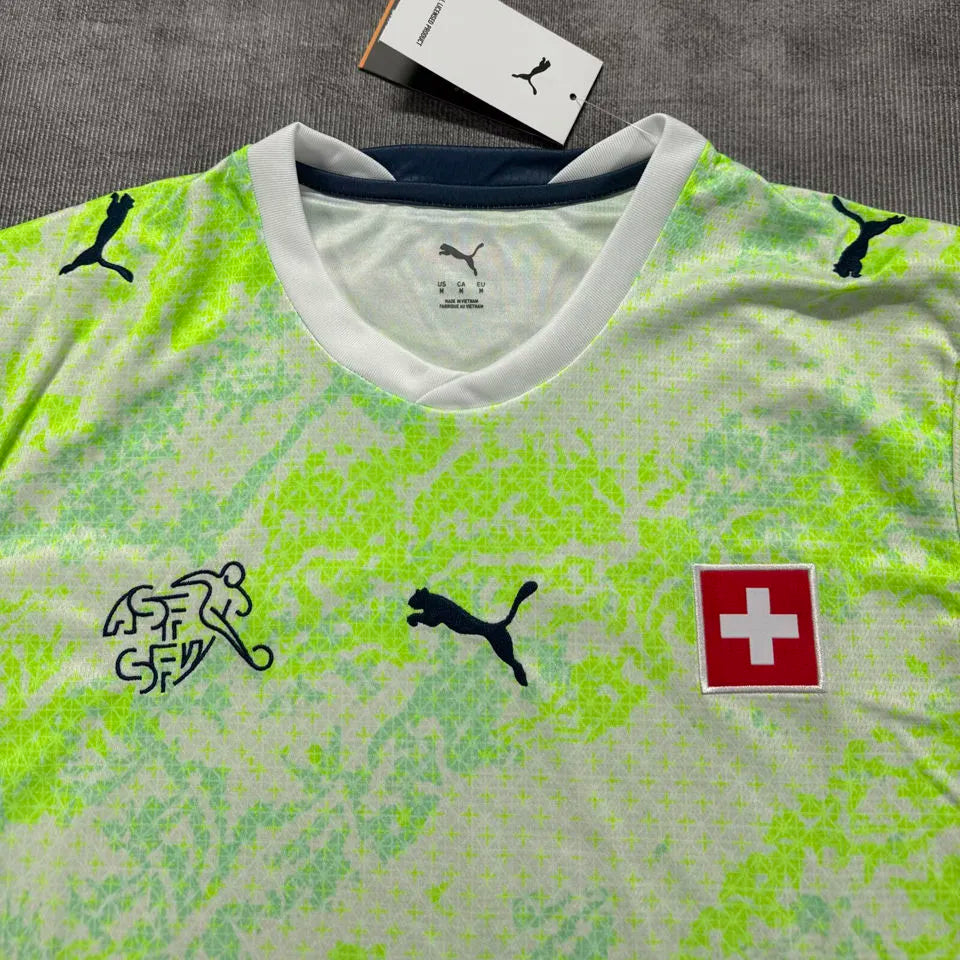 2026/27 Switzerland Away Yellow Fans Soccer Jersey (Have Right Patch 有右臂章 黑底白字） Detail 2