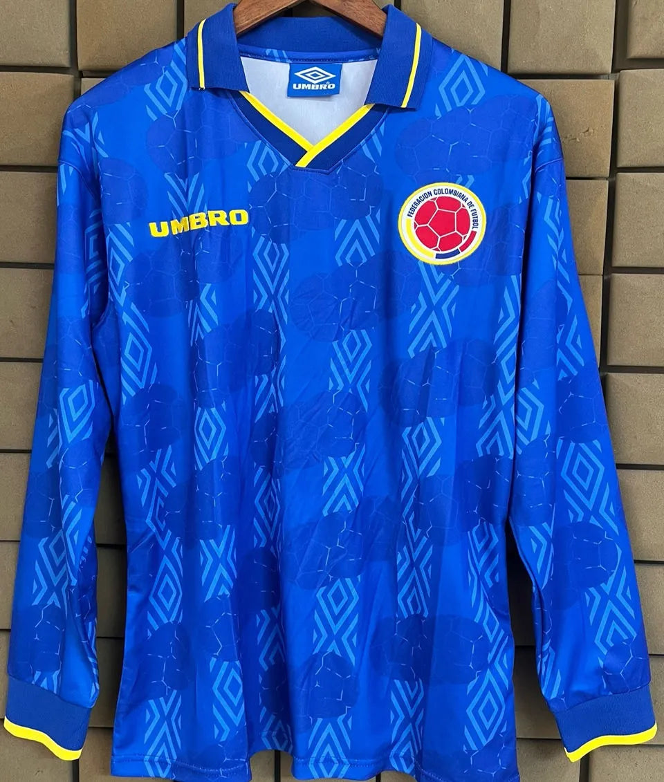 1994 Colombia Away Blue Retro Long Sleeve Soccer Jersey Front