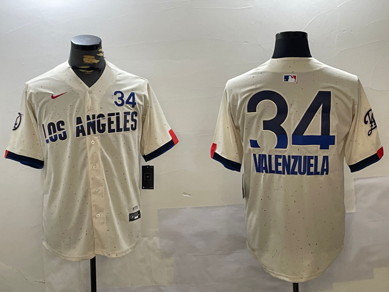 Men's Los Angeles Dodgers Fernando Valenzuela #34 Cream 2024 World Series Champions City Connect Limited Player Jerseys