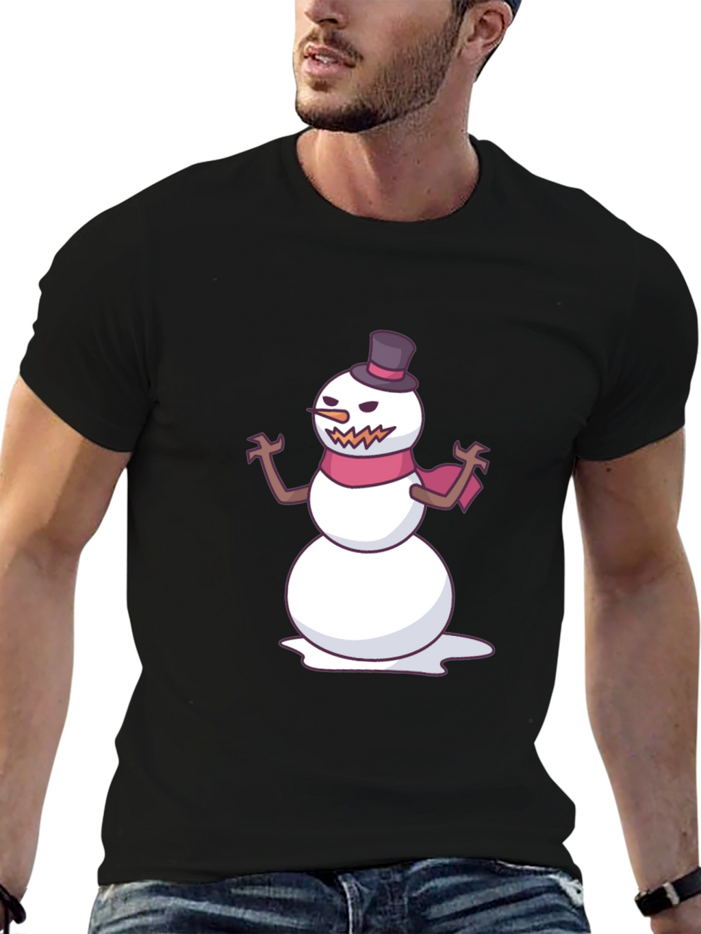 Mens Black T-Shirt with Evil Snowman Graphic