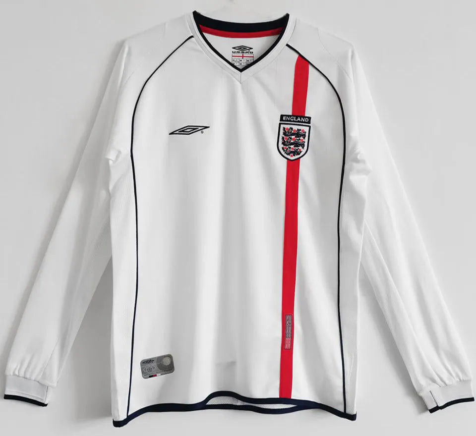 2002 England Home White Retro Long Sleeve Soccer Jersey Front