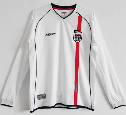 2002 England Home White Retro Long Sleeve Soccer Jersey Front