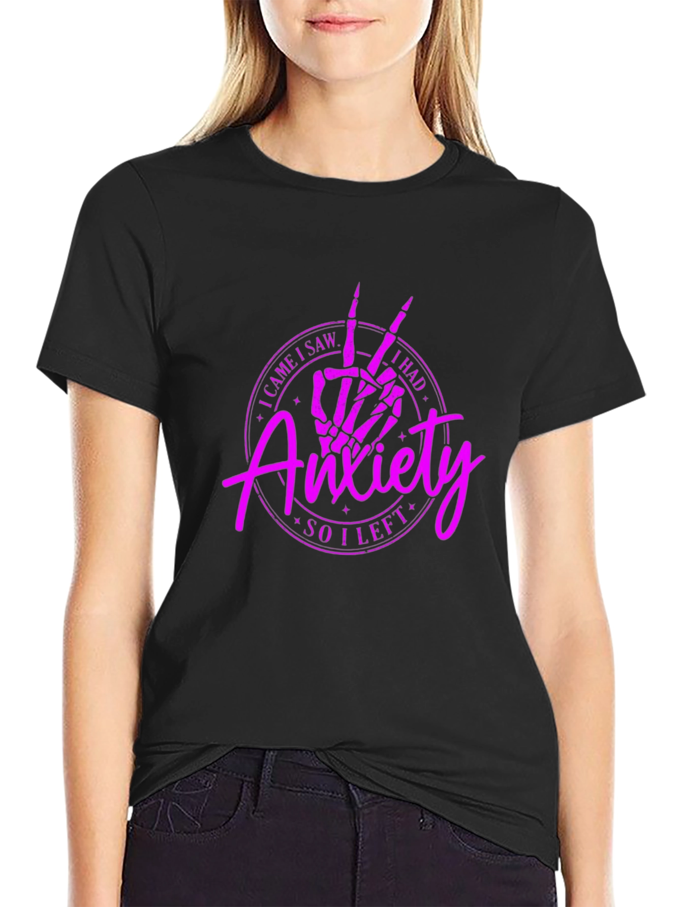 Anxiety Skeleton Peace Sign Black T-Shirt