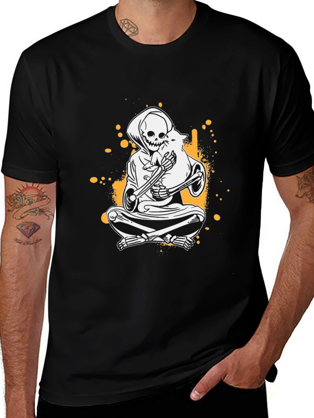 Grim Reaper & Cat T-Shirt - Skeleton Graphic Tee