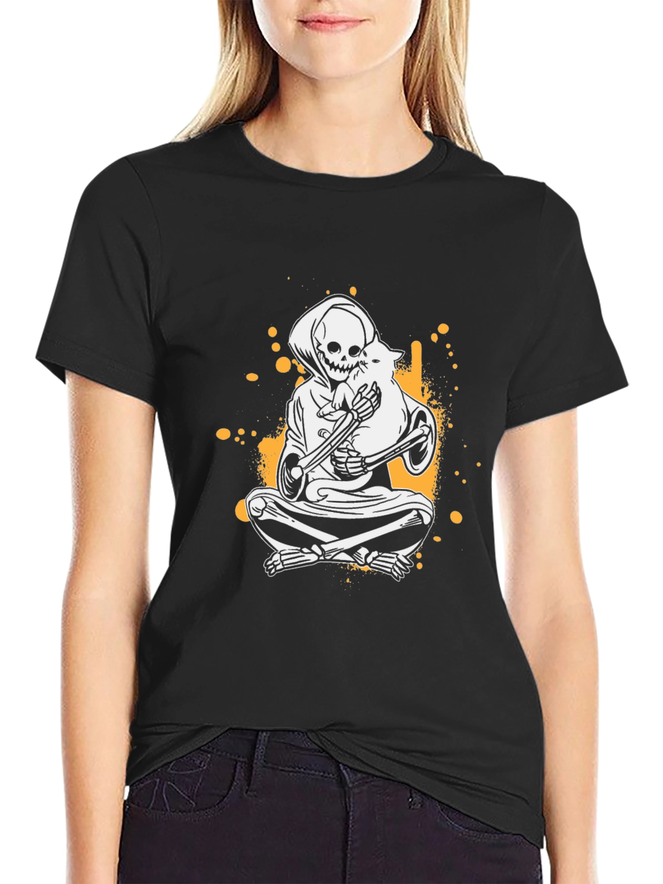 Grim Reaper & Cat T-Shirt - Skeleton Graphic Tee