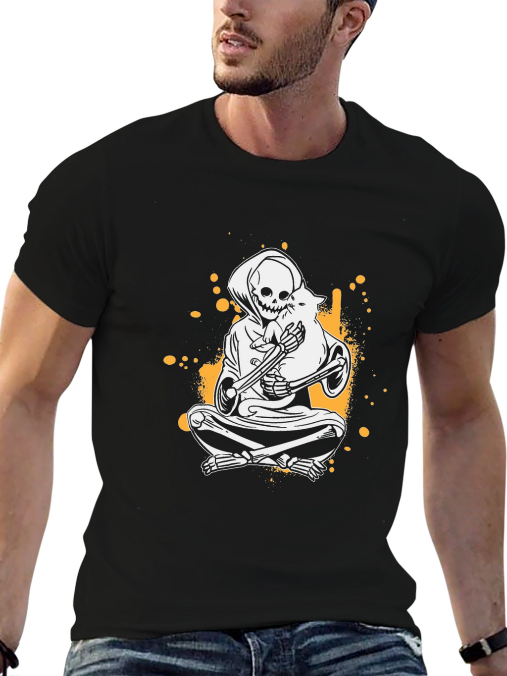 Grim Reaper & Cat T-Shirt - Skeleton Graphic Tee