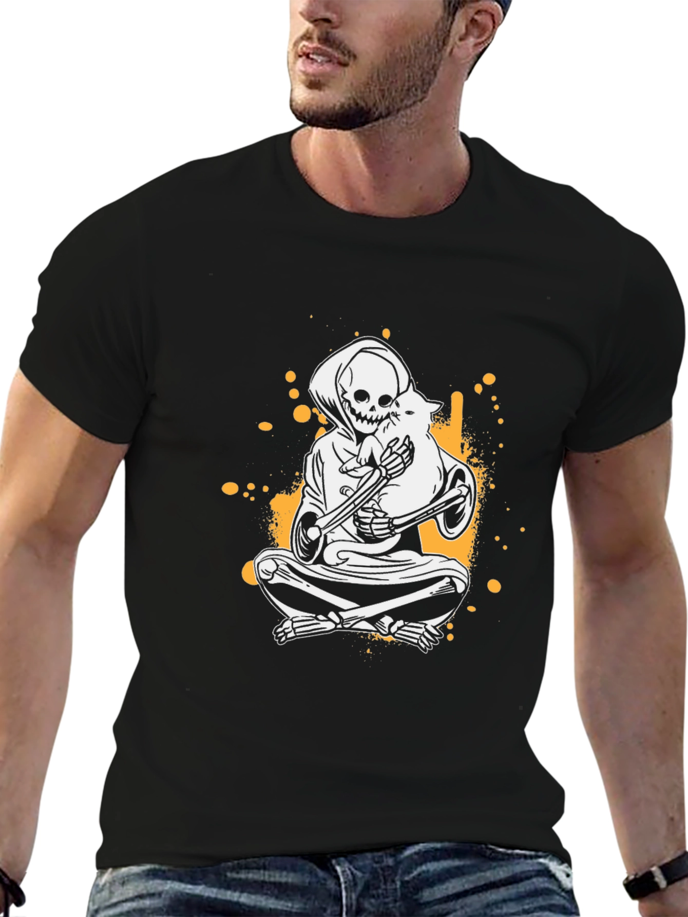 Grim Reaper & Cat T-Shirt - Skeleton Graphic Tee