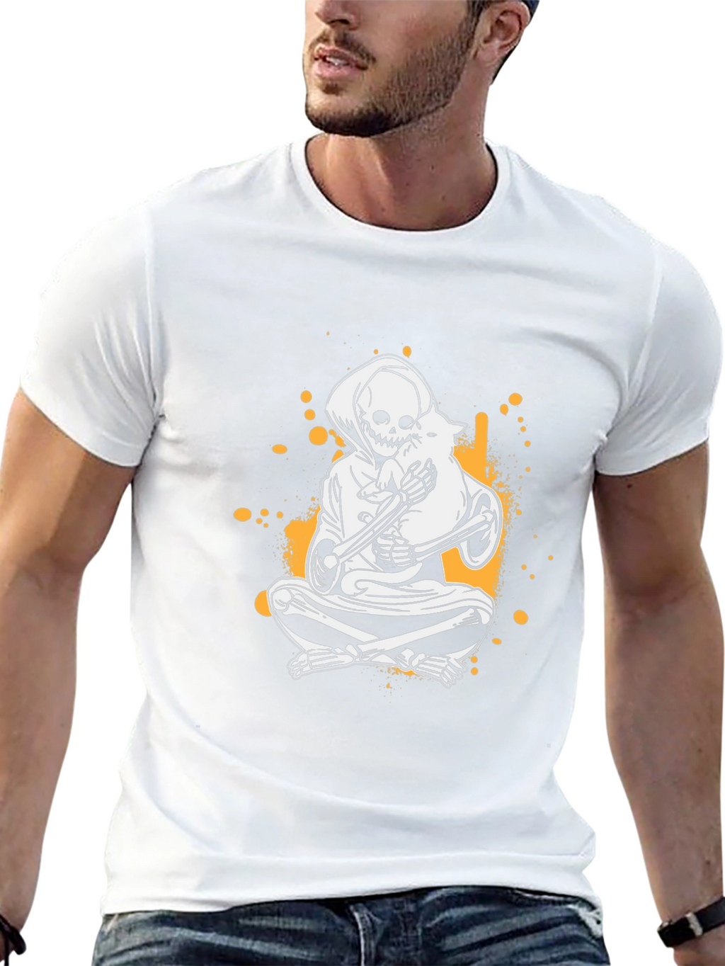 Grim Reaper & Cat T-Shirt - Skeleton Graphic Tee