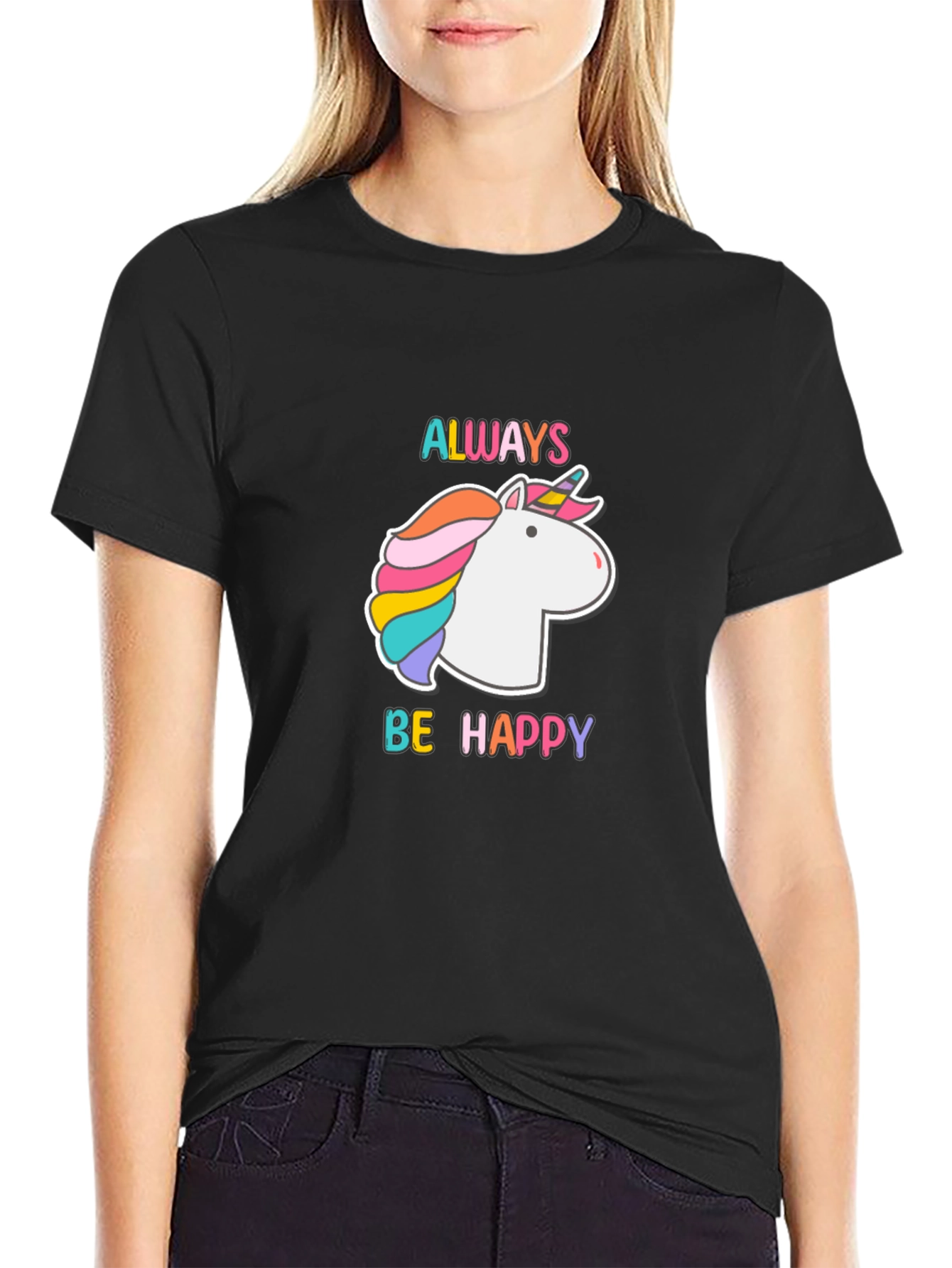 Always Be Happy Unicorn Graphic Tee - Black Cotton Blend