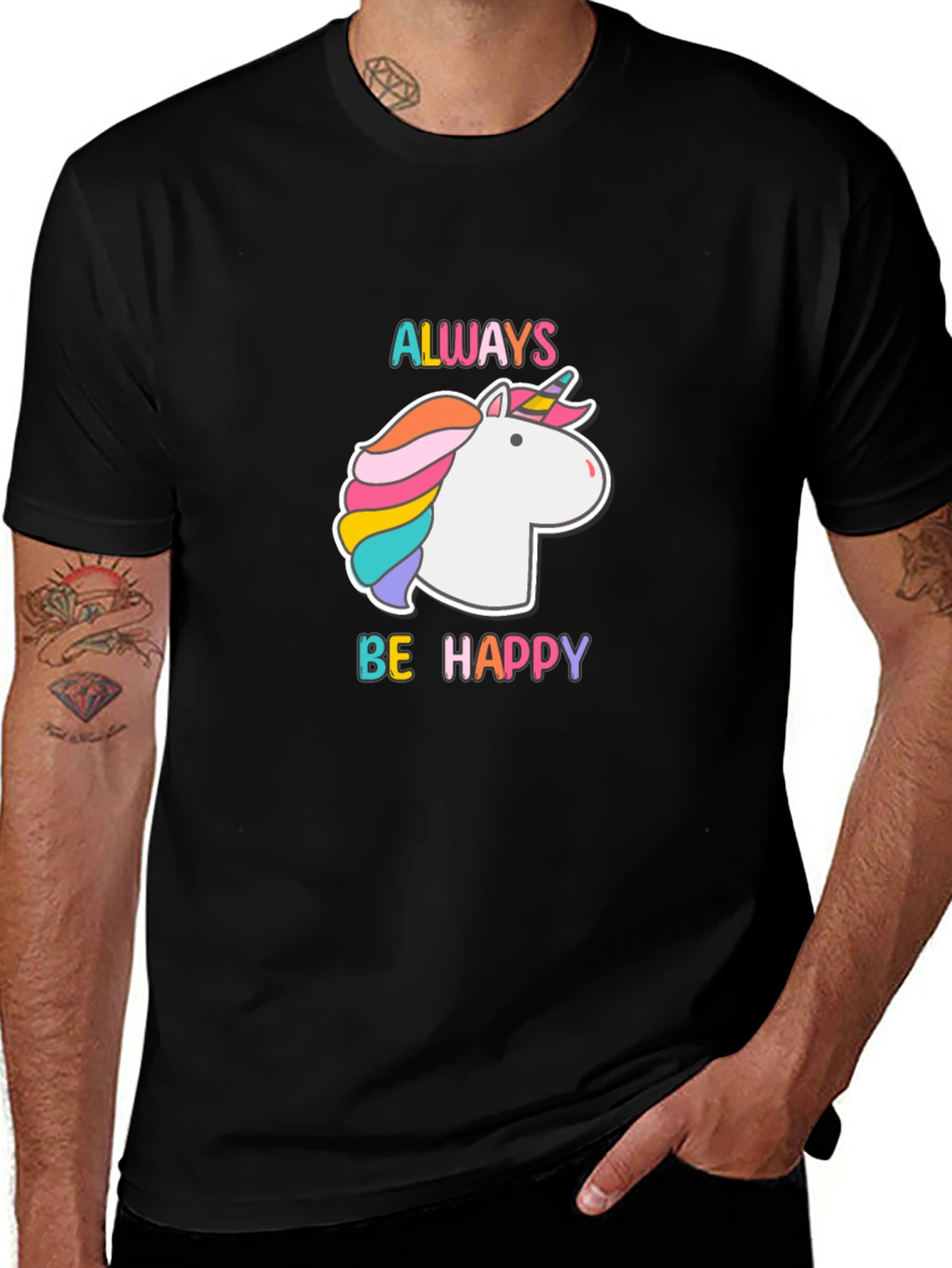 Always Be Happy Unicorn Graphic Tee - Black Cotton Blend