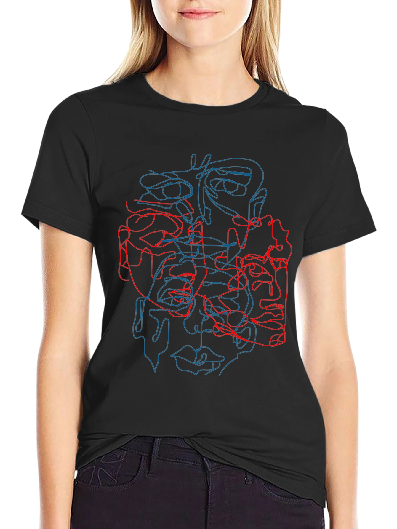 Abstract Face Line Art Graphic Tee - Black Cotton Shirt