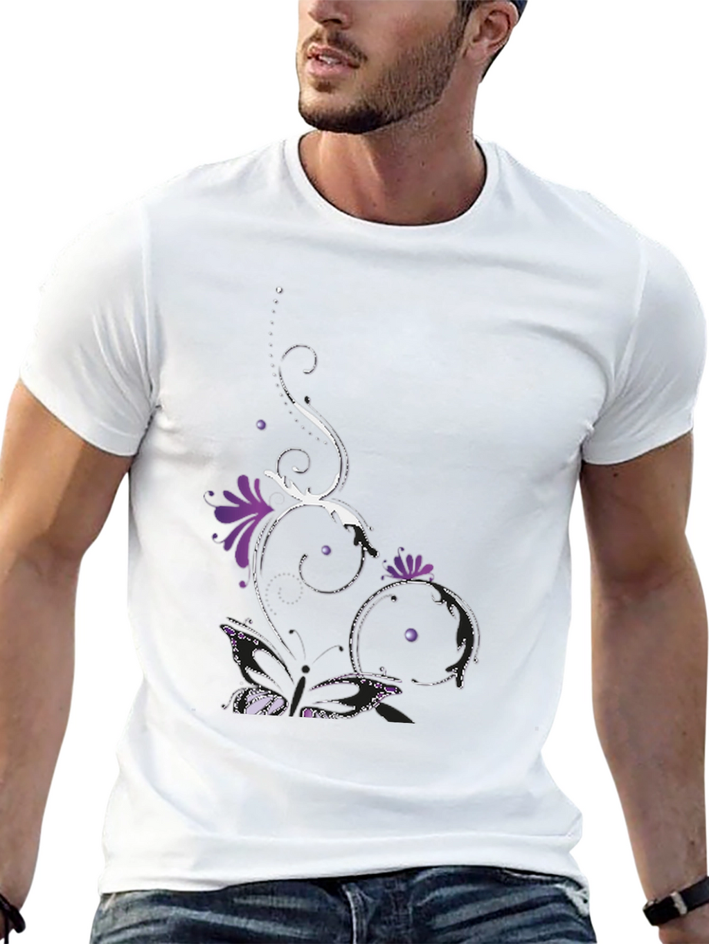 Stylish Black Tee with Floral Butterfly Design