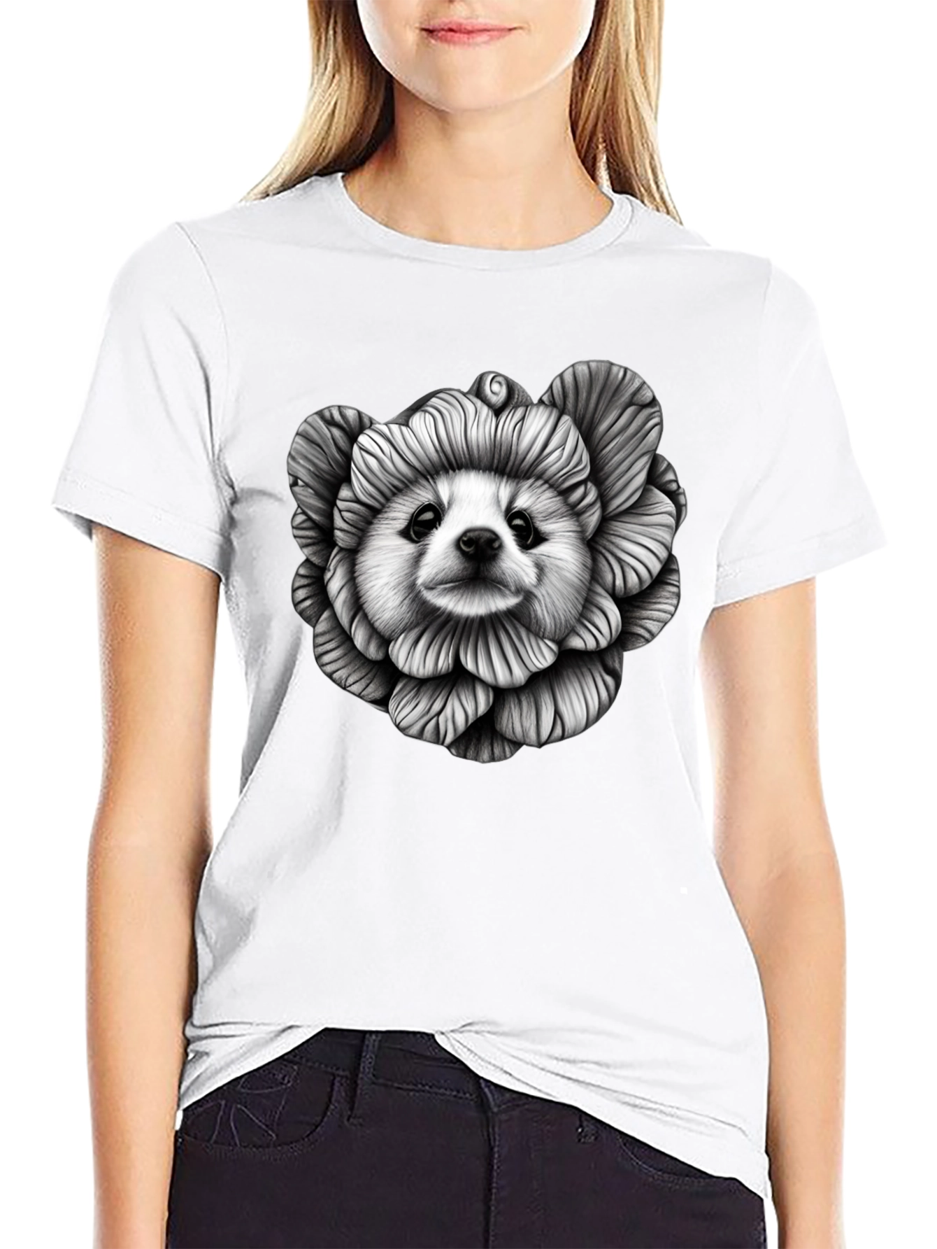 Dog Flower Graphic Tee - Unique Art T-Shirt