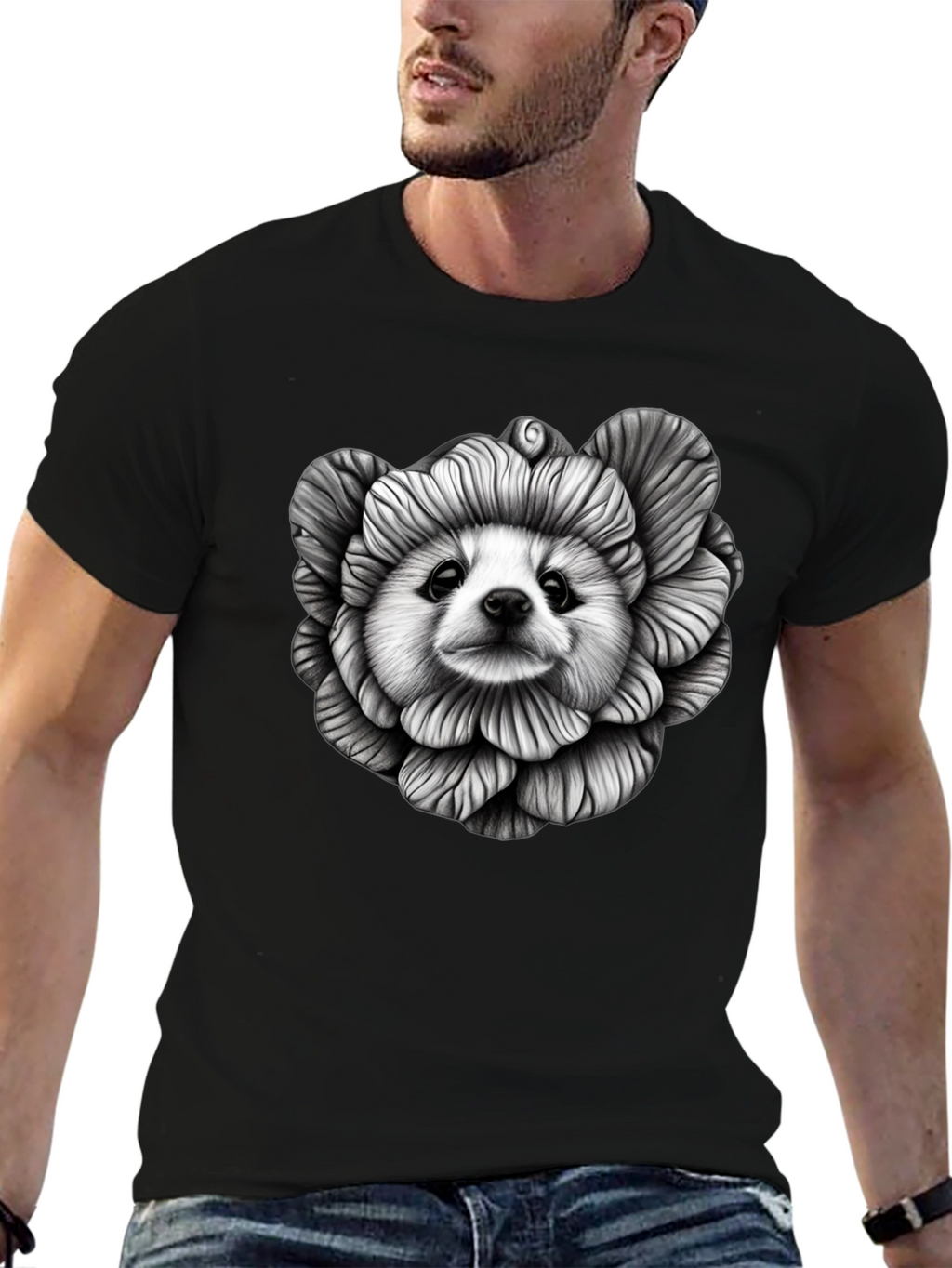 Dog Flower Graphic Tee - Unique Art T-Shirt