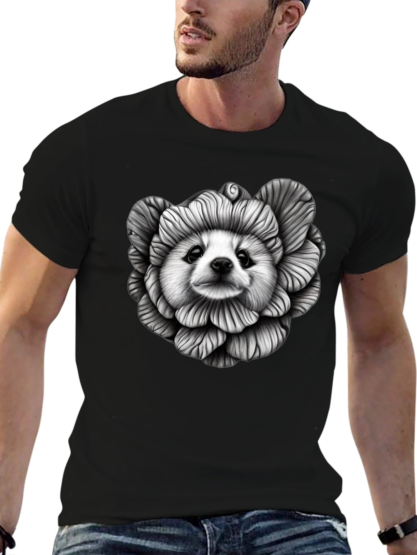 Dog Flower Graphic Tee - Unique Art T-Shirt