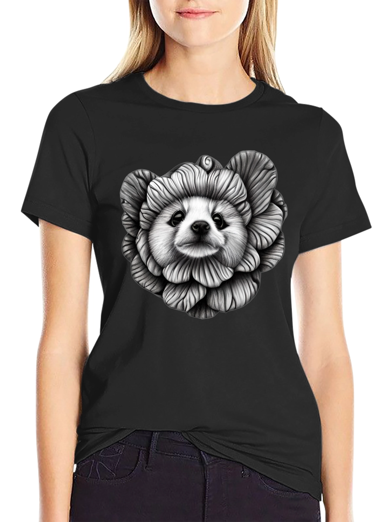 Dog Flower Graphic Tee - Unique Art T-Shirt