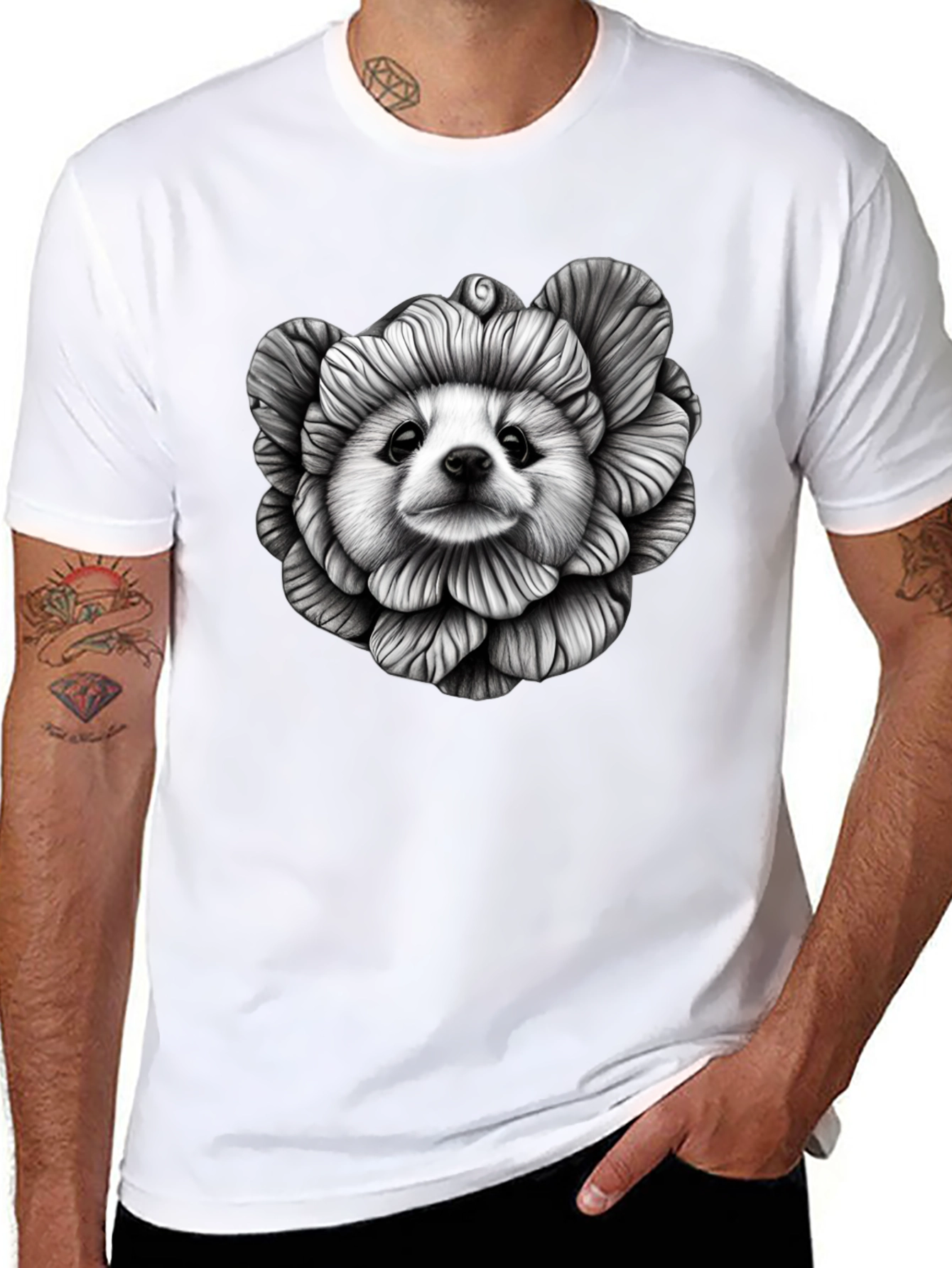 Dog Flower Graphic Tee - Unique Art T-Shirt