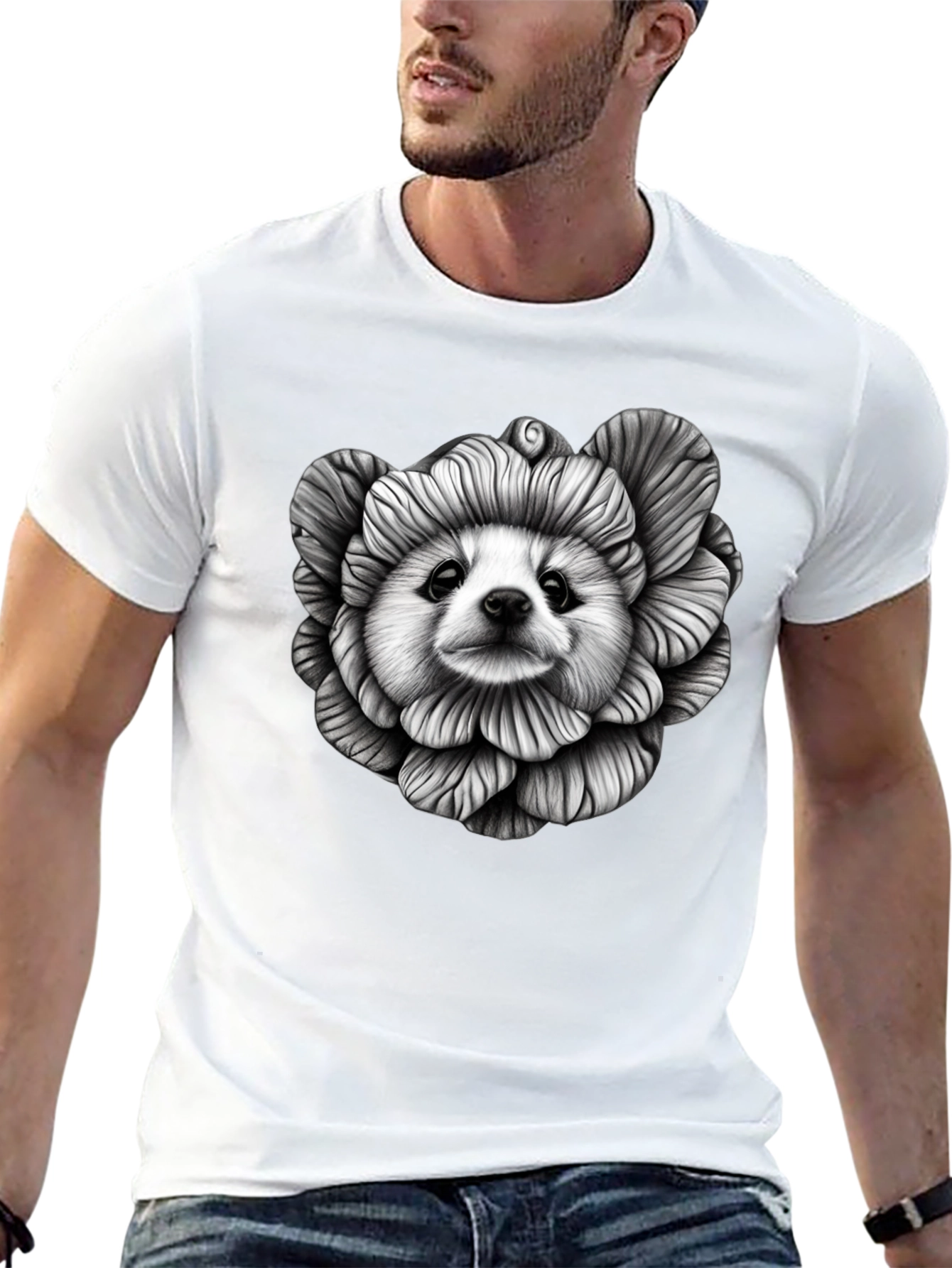 Dog Flower Graphic Tee - Unique Art T-Shirt