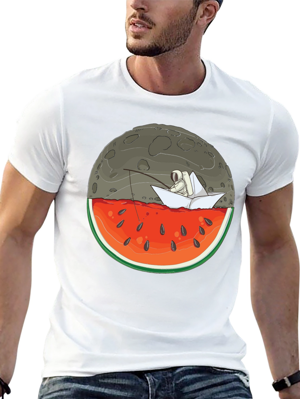 Astronaut Moon Watermelon Black T-Shirt