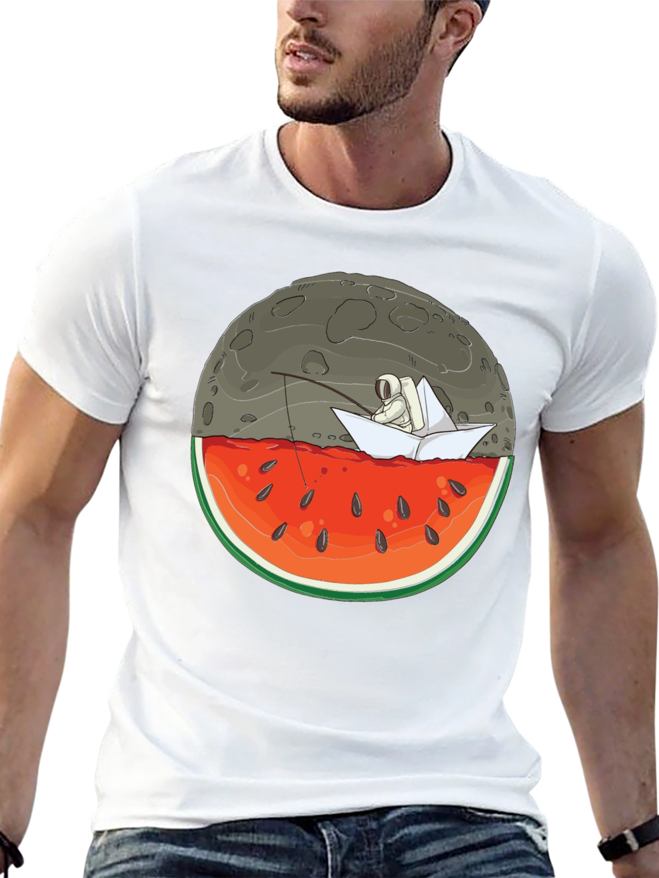 Astronaut Moon Watermelon Black T-Shirt