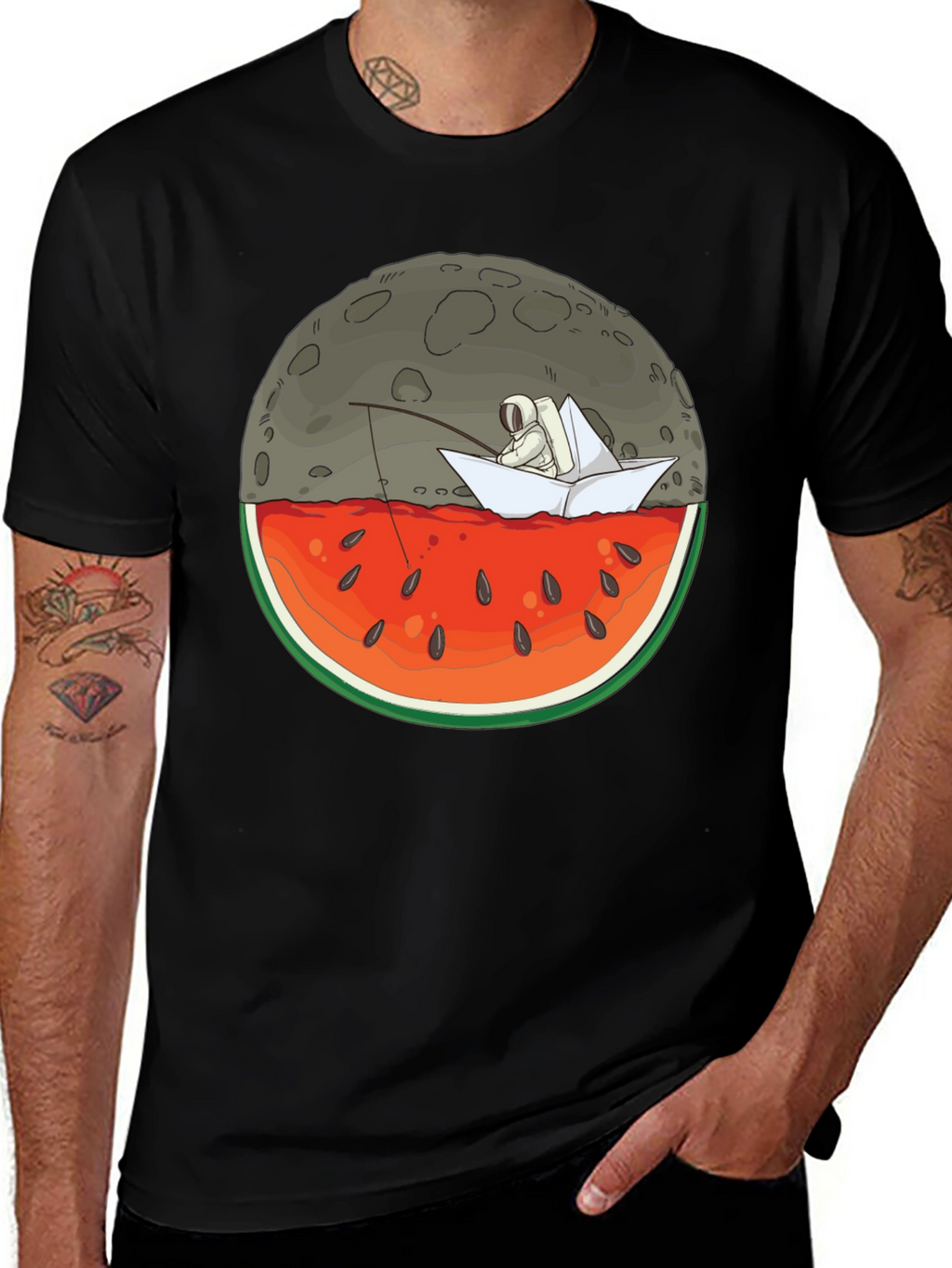 Astronaut Moon Watermelon Black T-Shirt