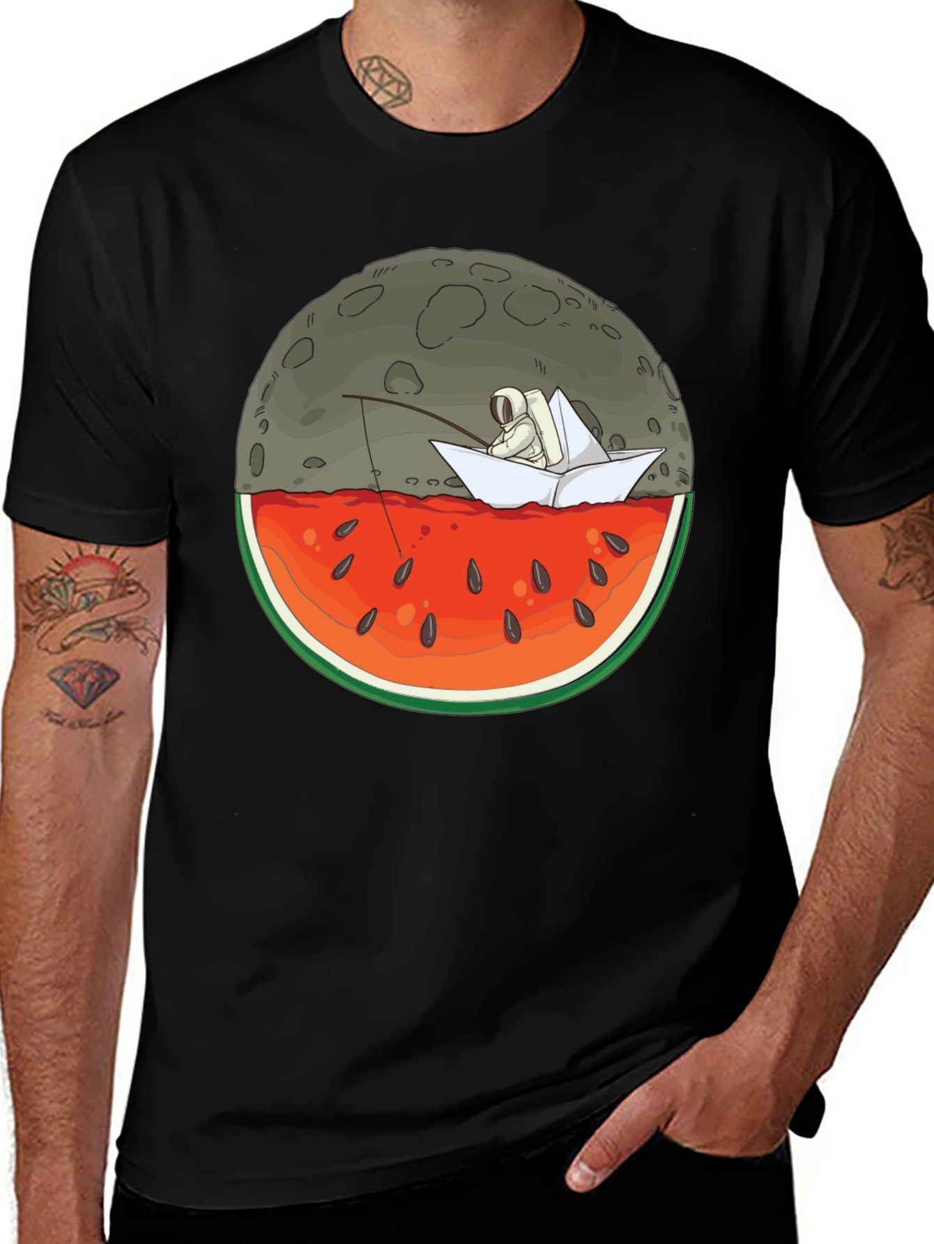 Astronaut Moon Watermelon Black T-Shirt