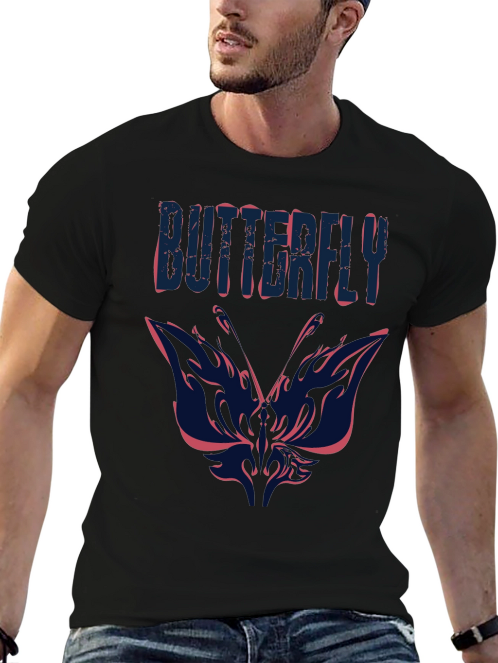 Butterfly Graphic Print Mens Black T-Shirt
