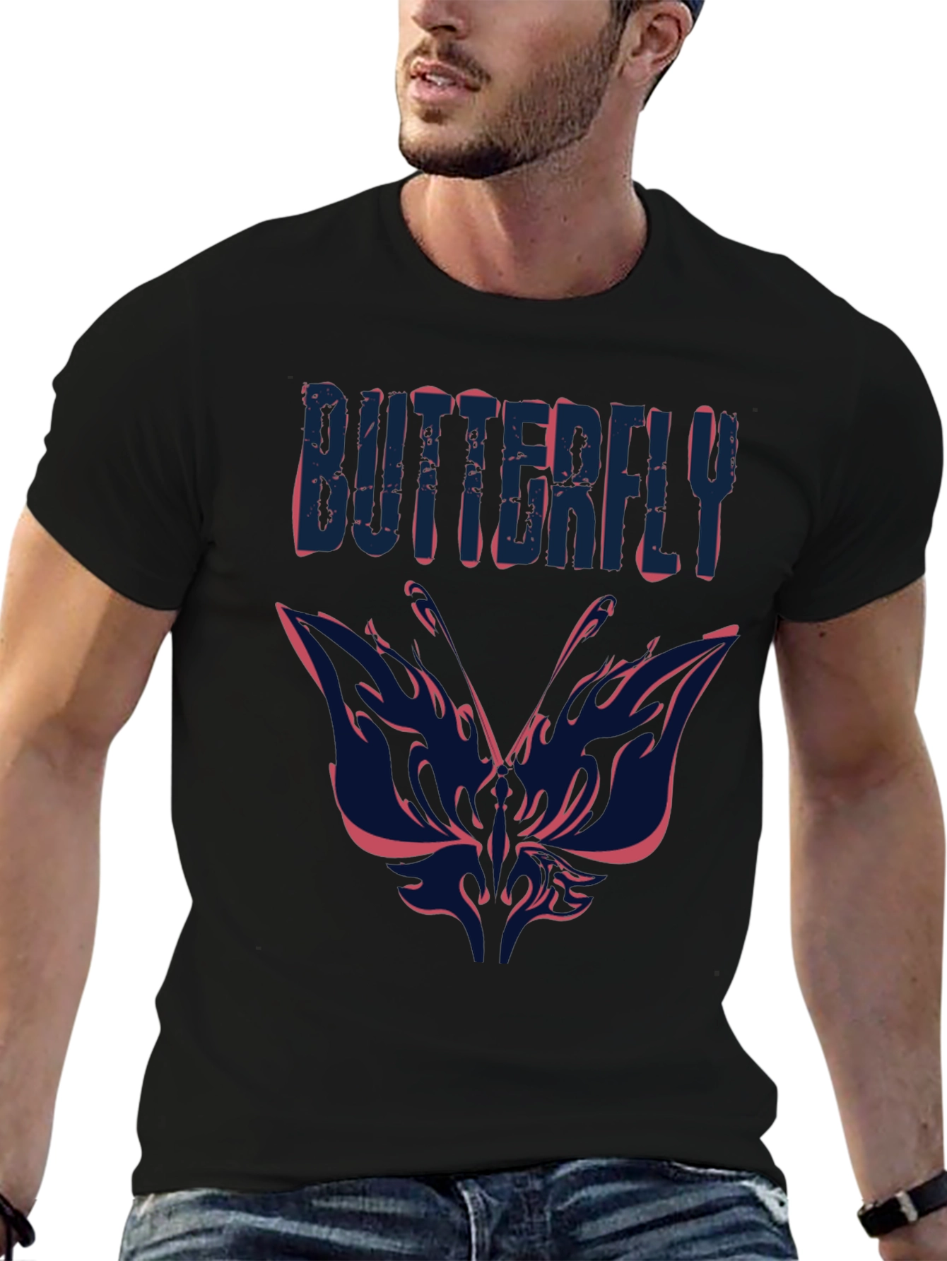 Butterfly Graphic Print Mens Black T-Shirt