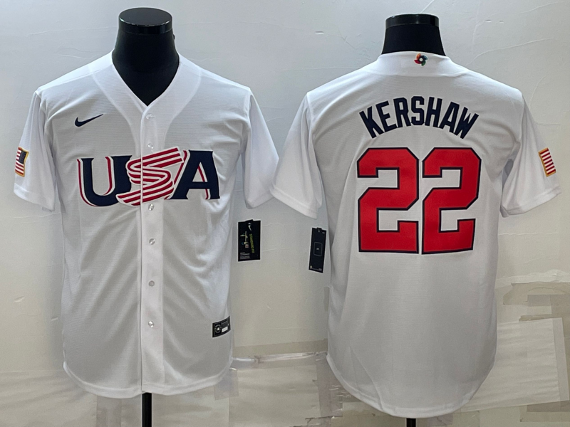 Men's 2023 World Baseball Classic #22 Clayton Kershaw USA White Jerseys