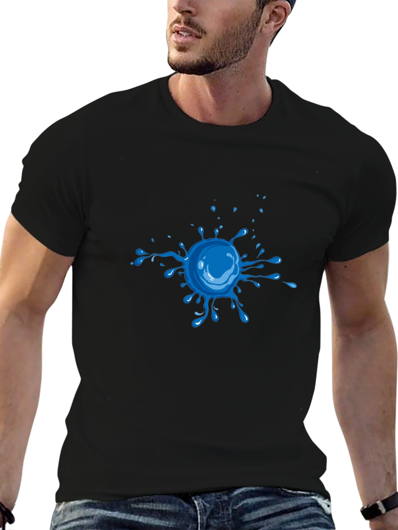 Cool Blue Splatter Graphic Tee - Black Cotton Shirt
