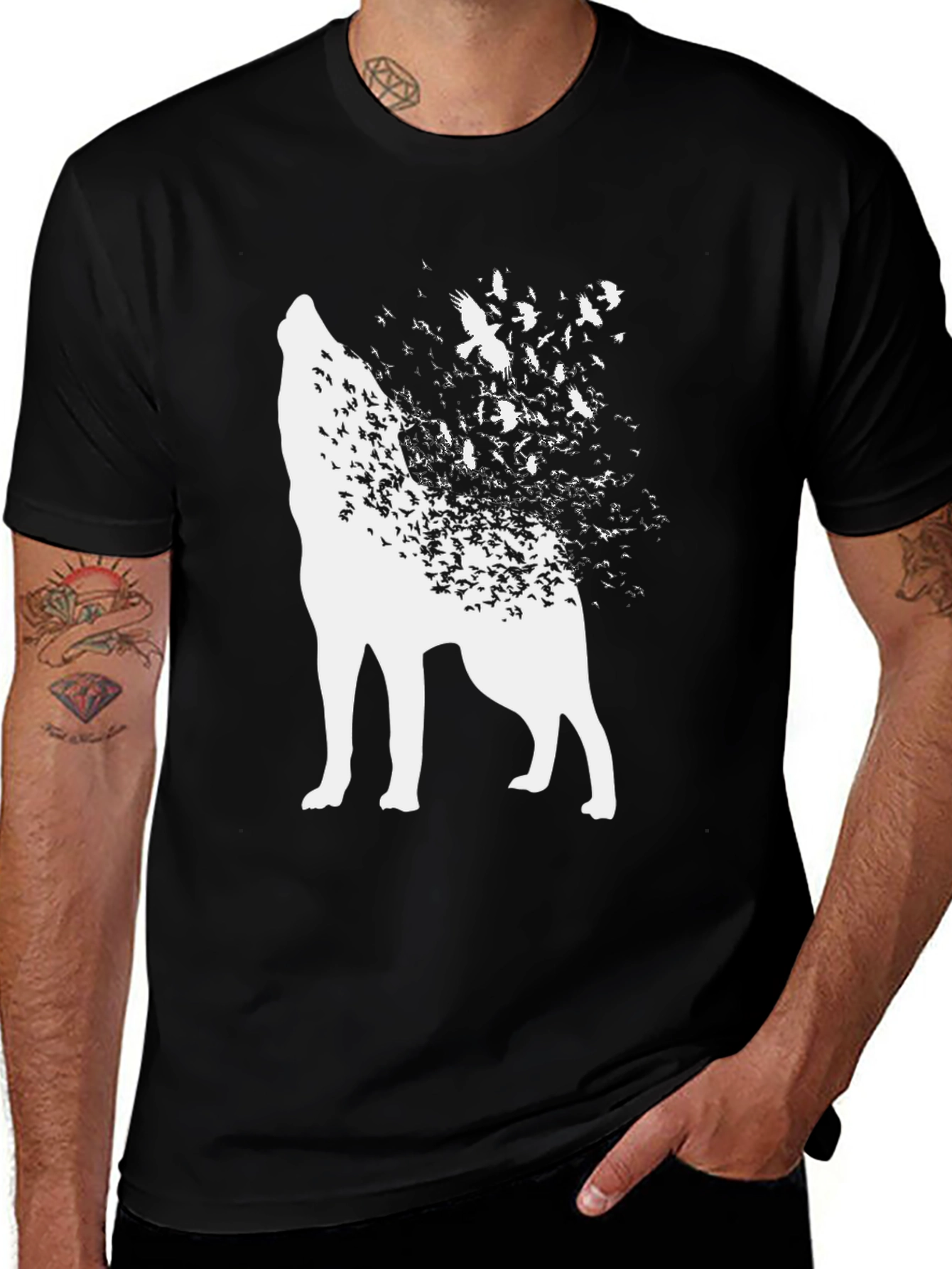 Wolf and Birds Graphic Tee - Black Cotton Blend