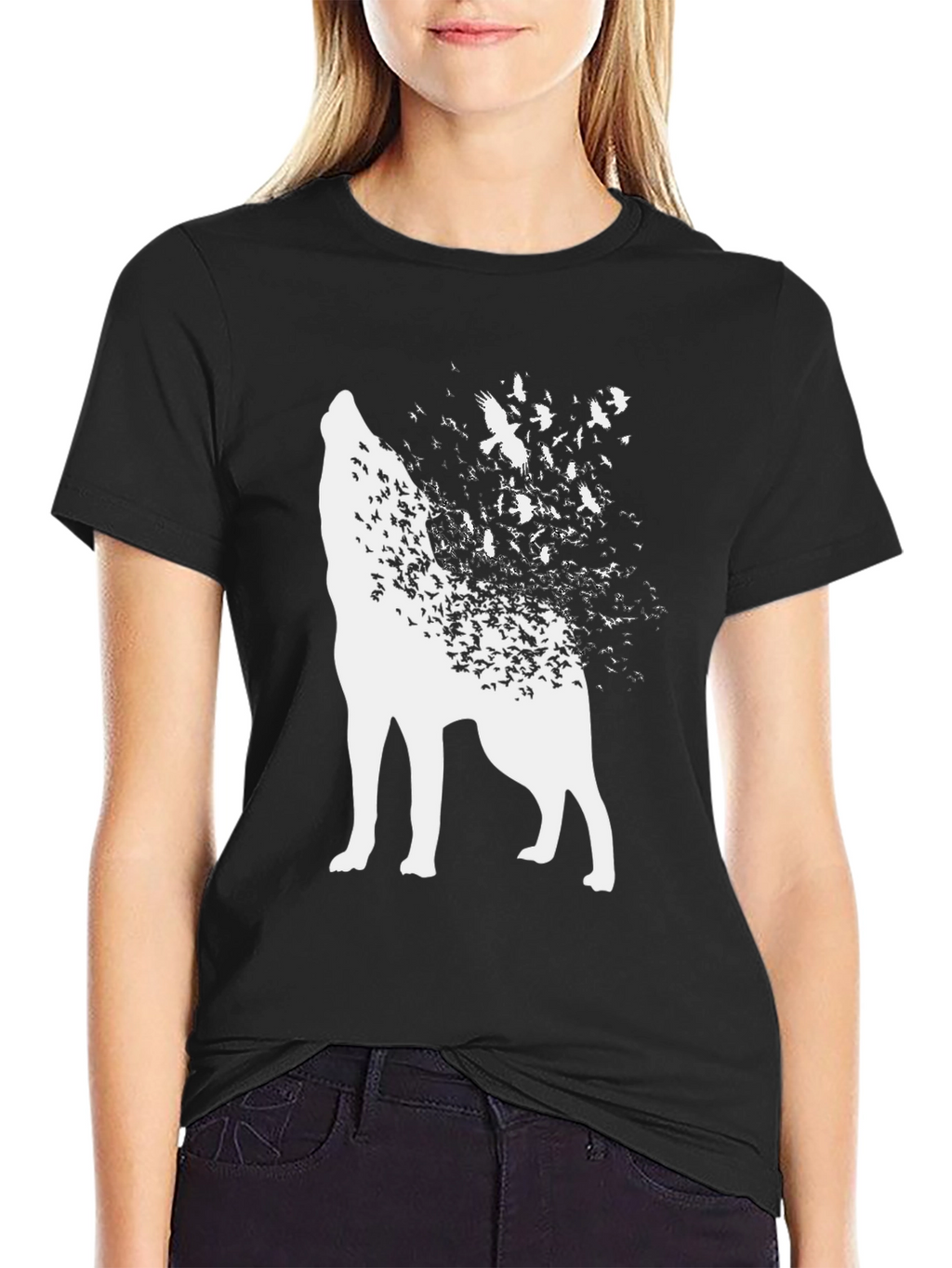 Wolf and Birds Graphic Tee - Black Cotton Blend