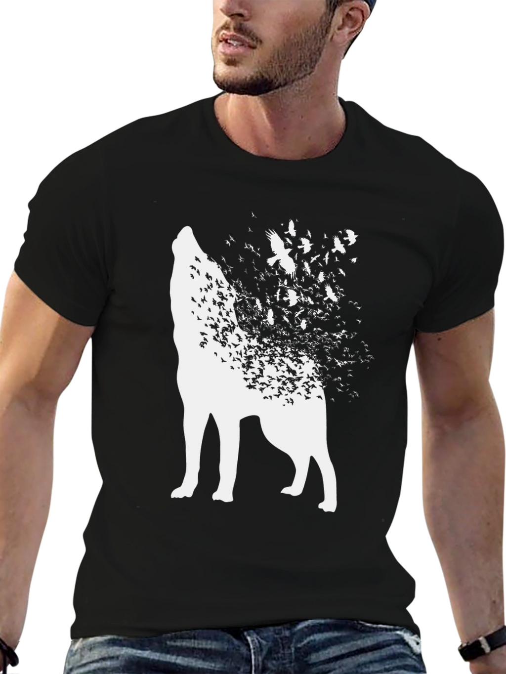 Wolf and Birds Graphic Tee - Black Cotton Blend