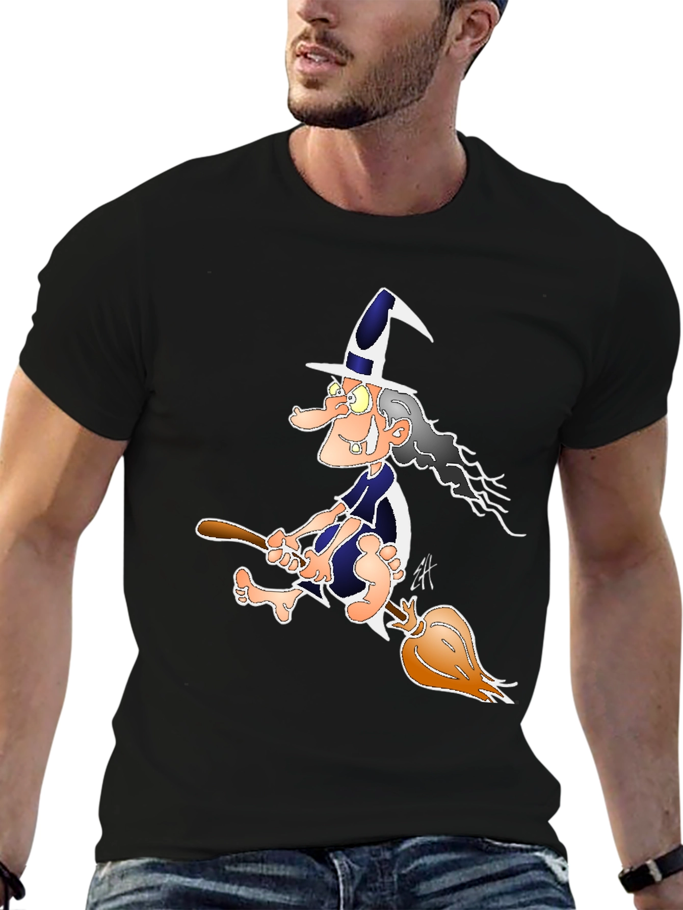 Witch on Broomstick Graphic Tee - Black