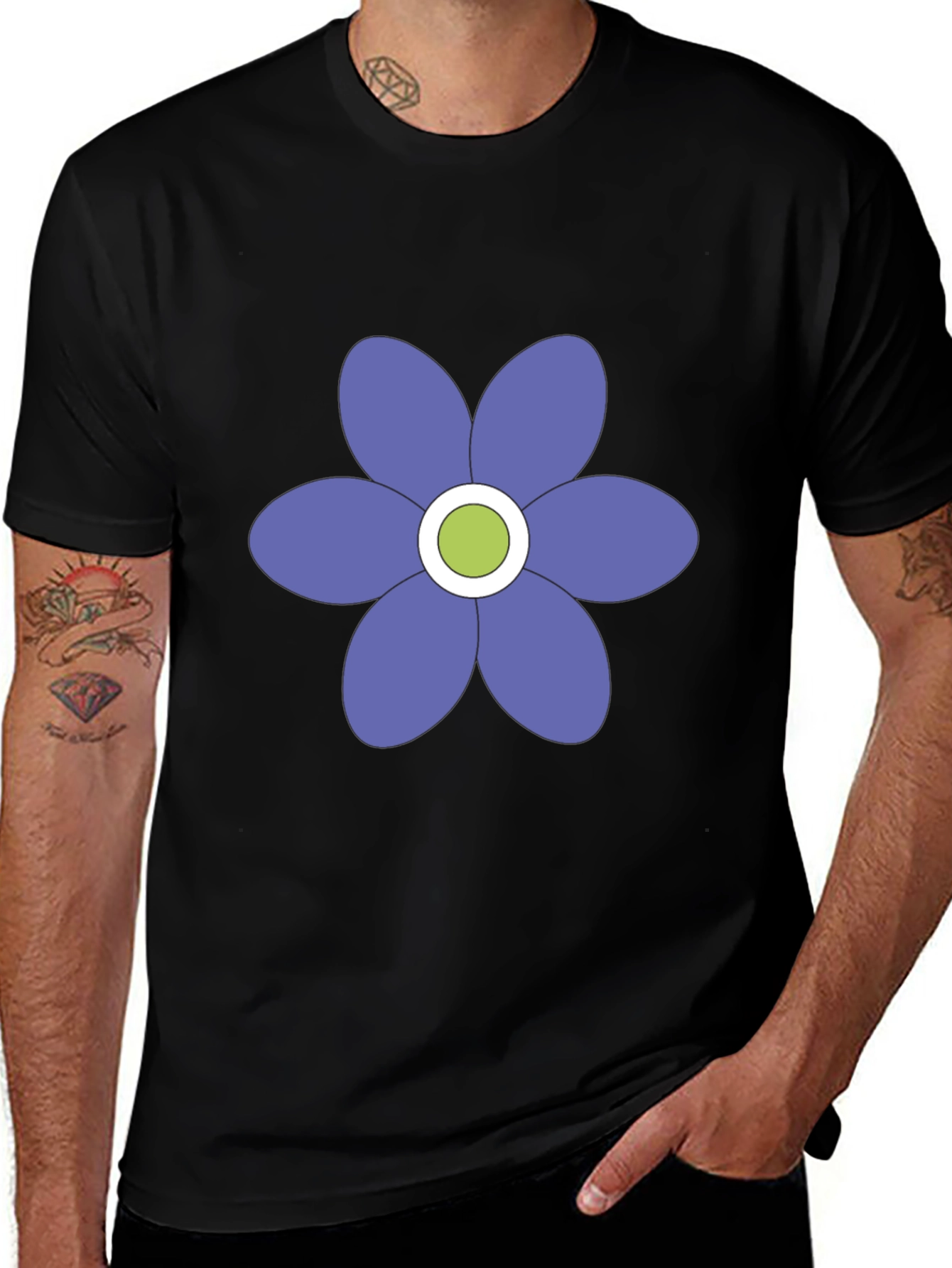 Black T-Shirt with Purple Flower Graphic