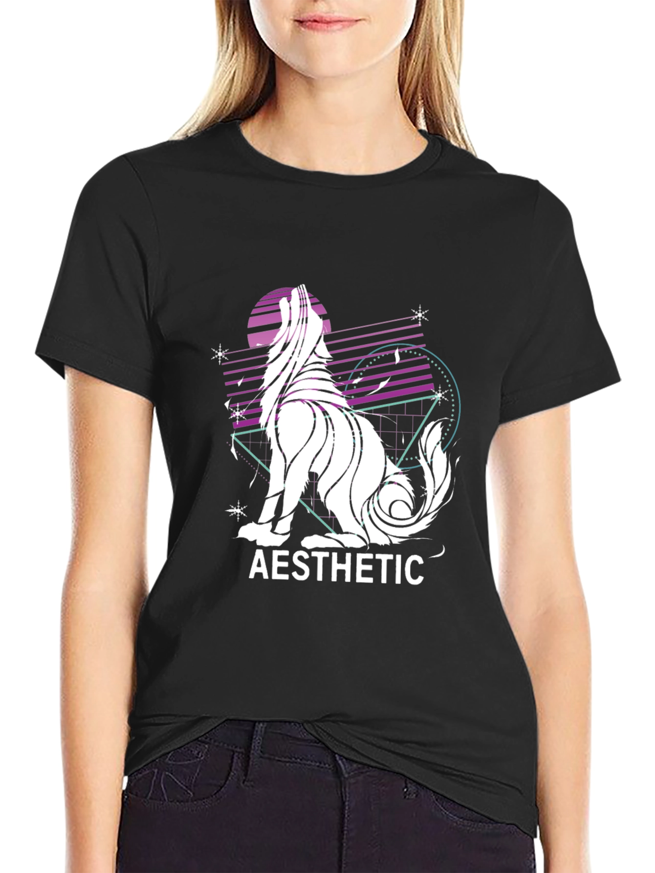 Aesthetic Wolf Graphic Print Black T-Shirt