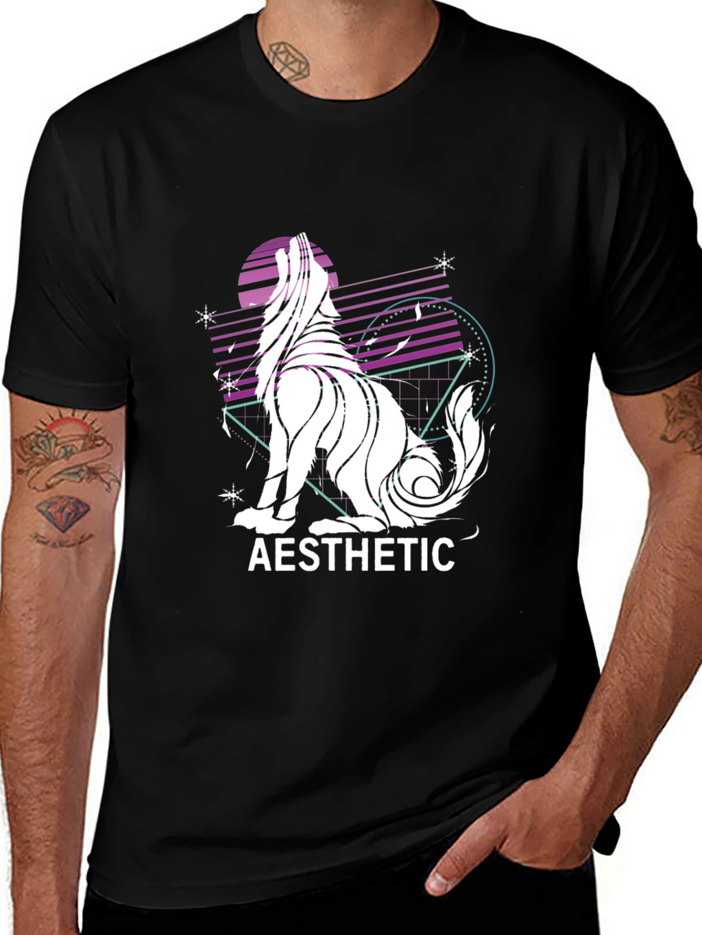 Aesthetic Wolf Graphic Print Black T-Shirt