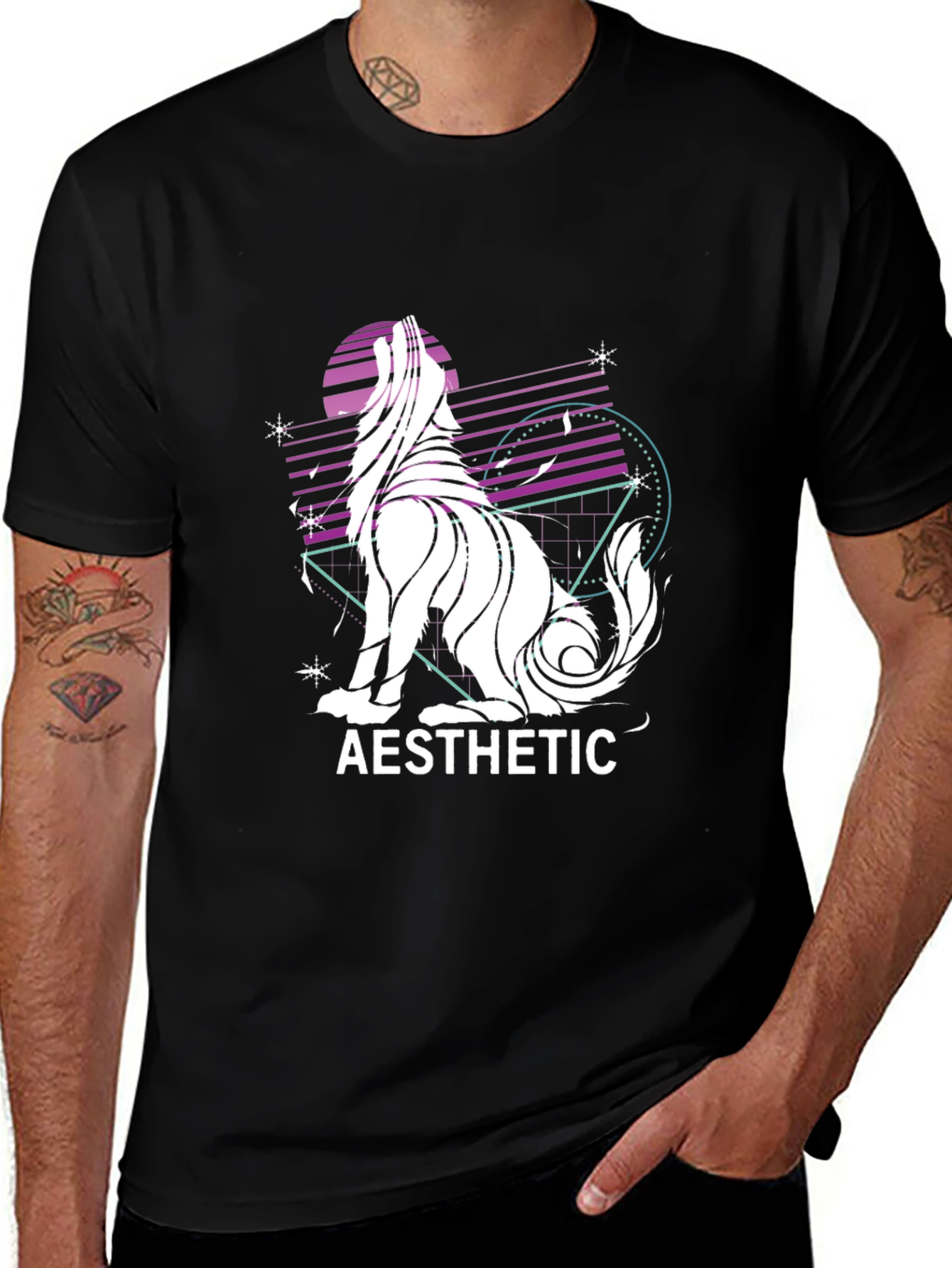 Aesthetic Wolf Graphic Print Black T-Shirt