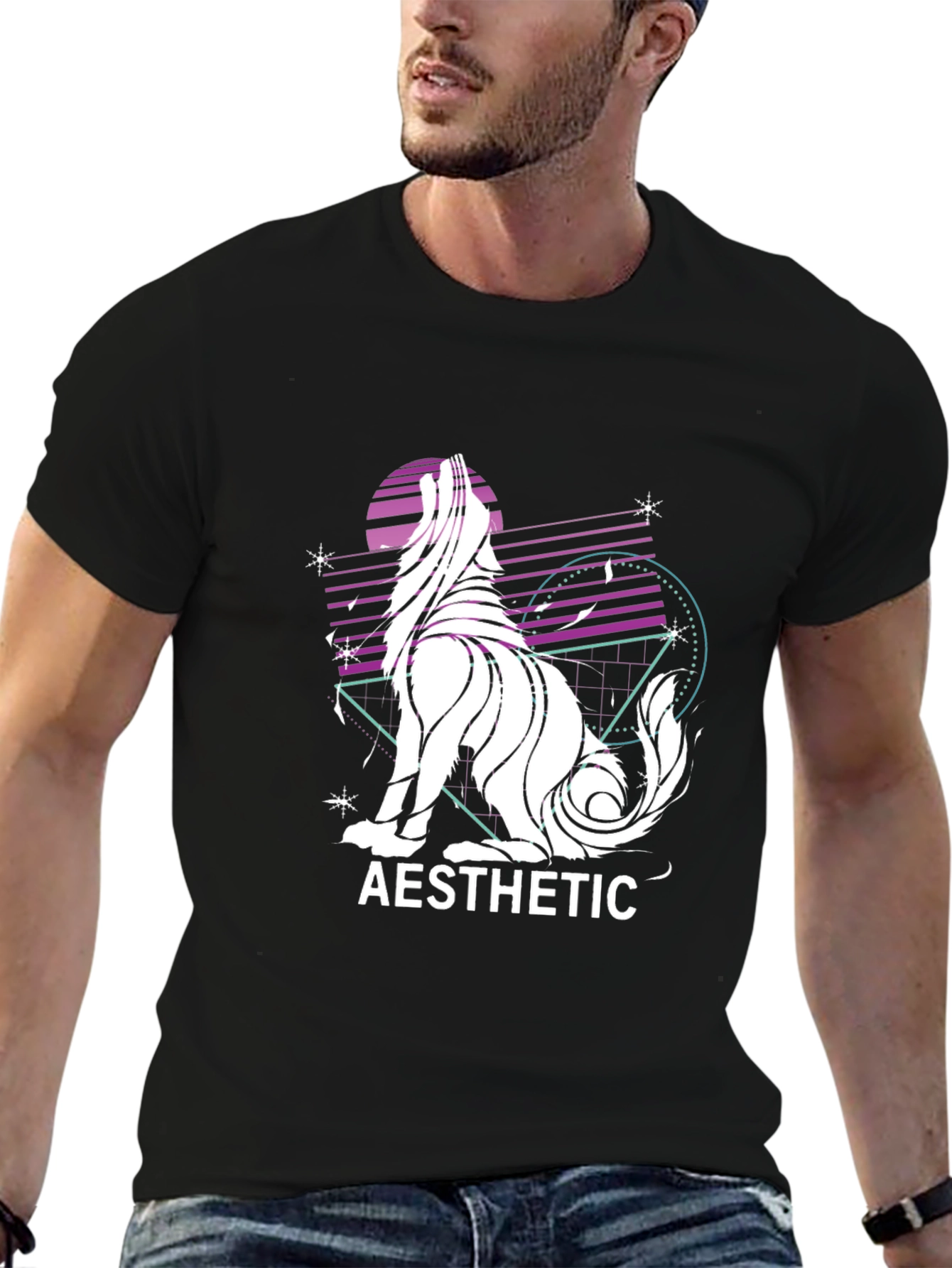 Aesthetic Wolf Graphic Print Black T-Shirt