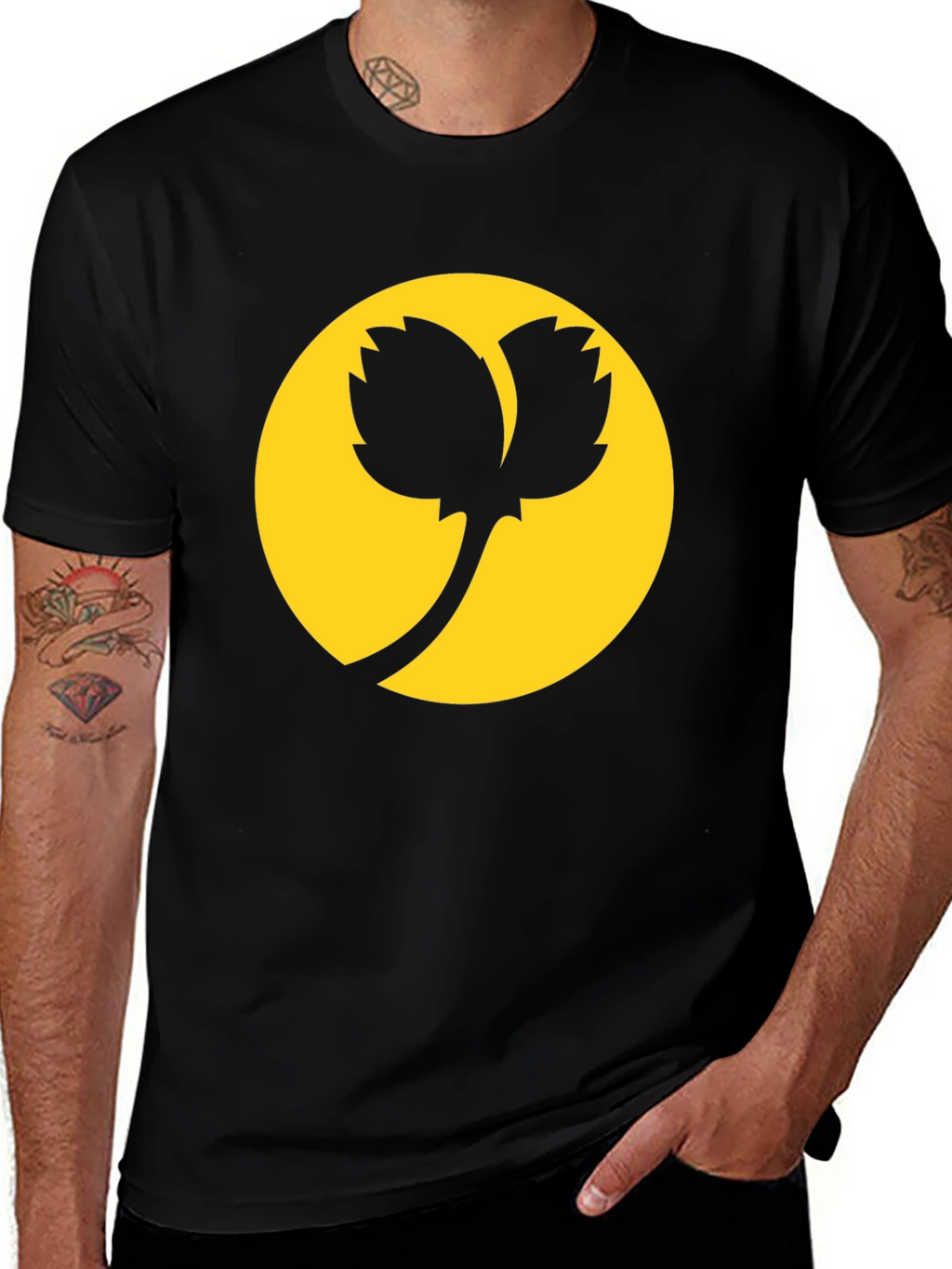 Black T-Shirt with Abstract Plant Design