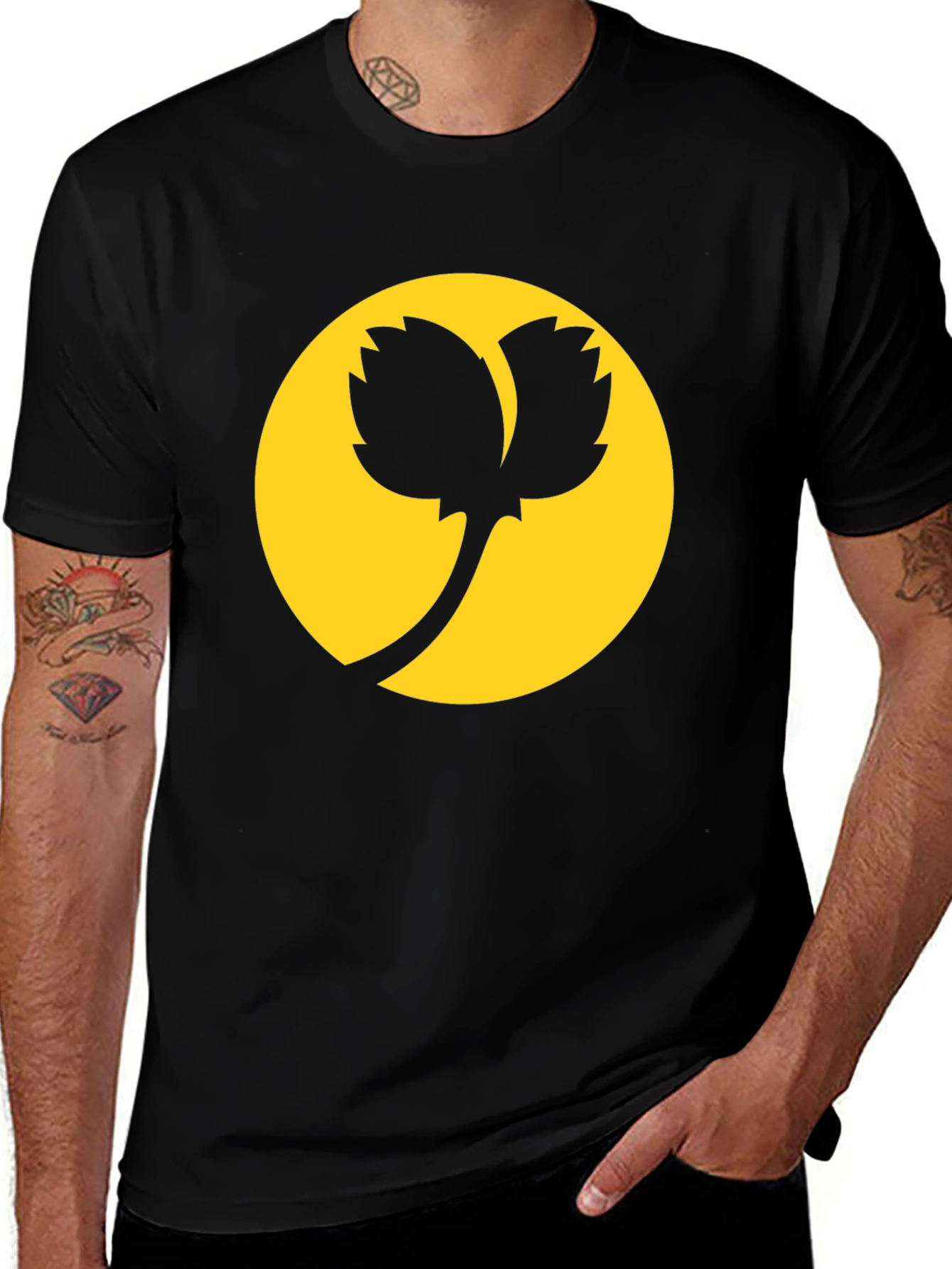 Black T-Shirt with Abstract Plant Design