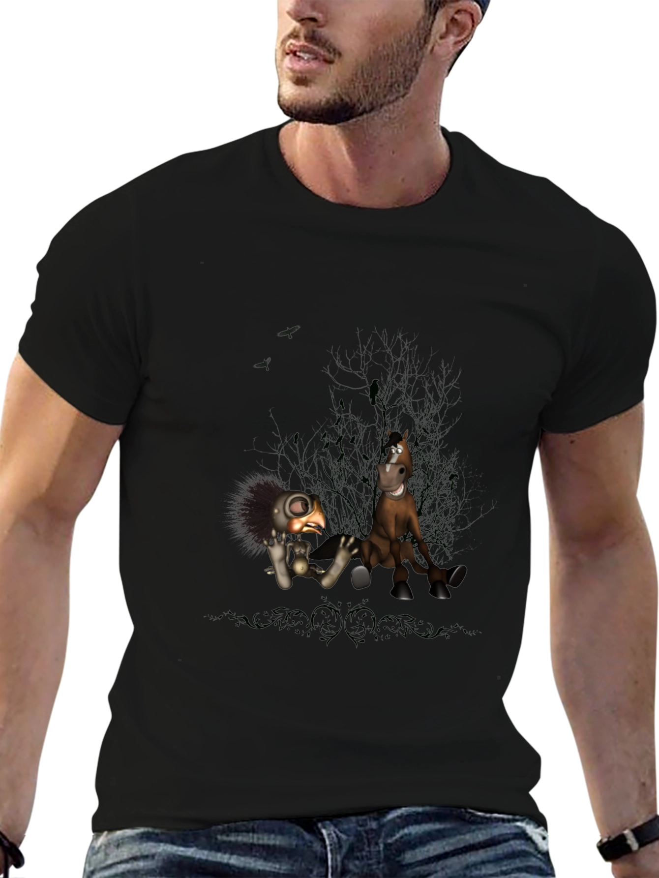 Creepy Character Print Black T-Shirt