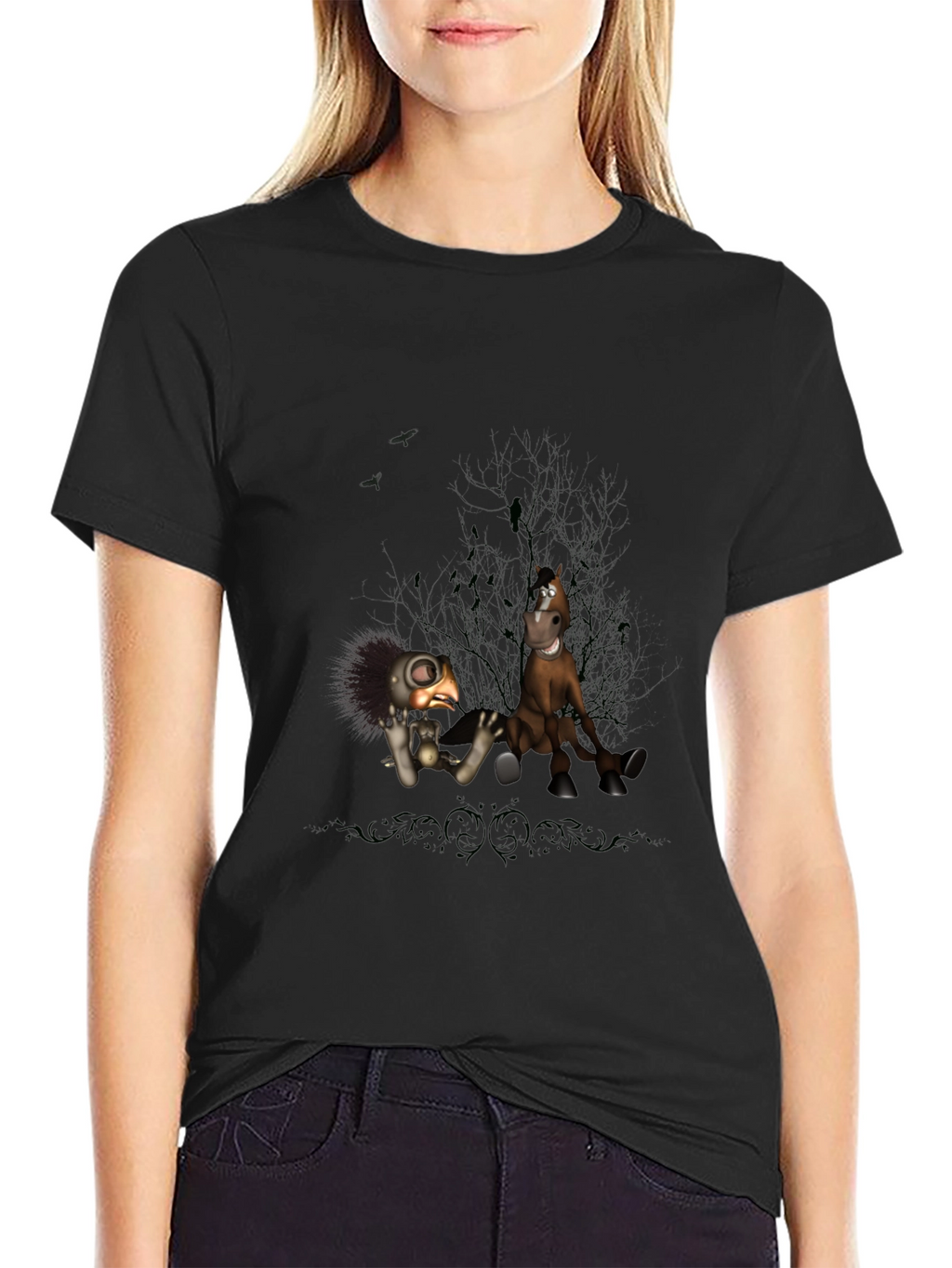 Creepy Character Print Black T-Shirt