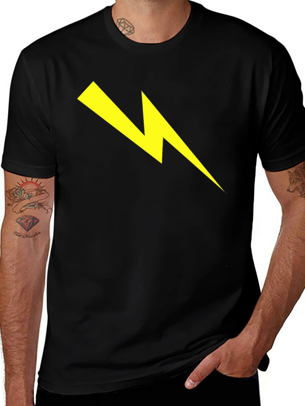 Black T-Shirt with Yellow Lightning Bolt Graphic