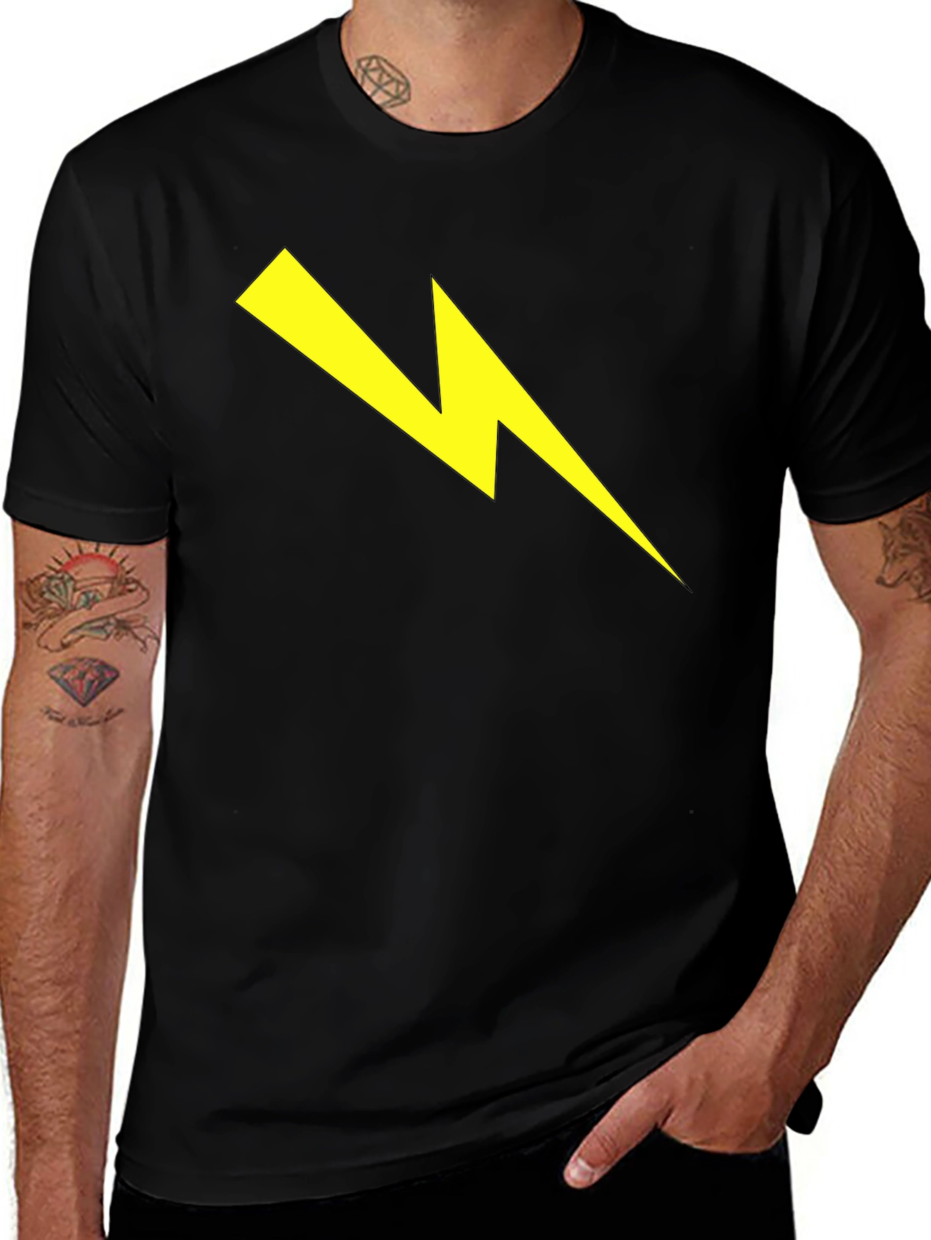 Black T-Shirt with Yellow Lightning Bolt Graphic
