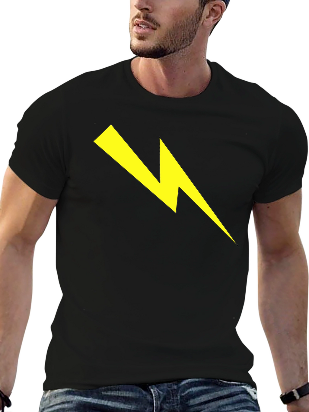 Black T-Shirt with Yellow Lightning Bolt Graphic